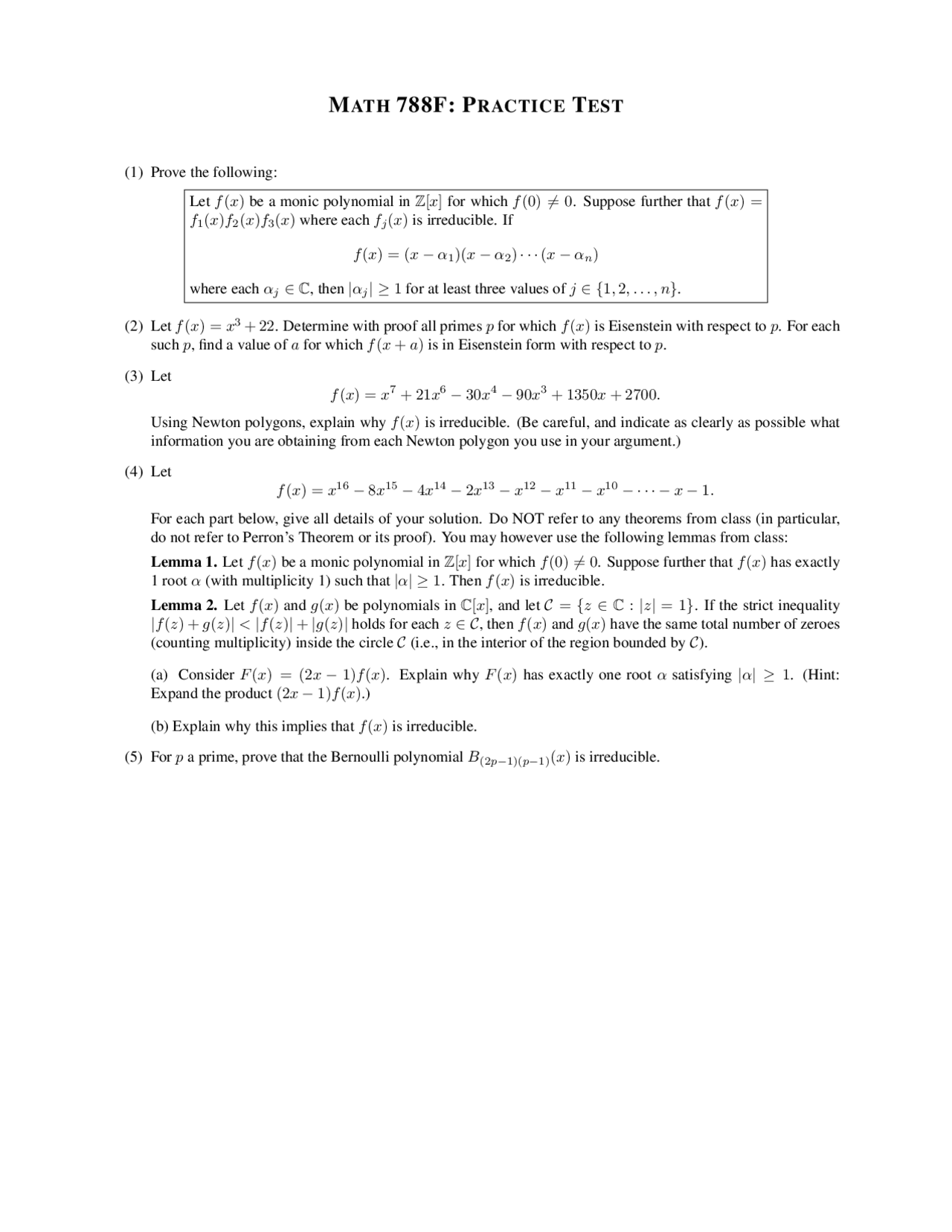 5 Problems for Practice Test - The Theory of Irreducible Polynomials ...