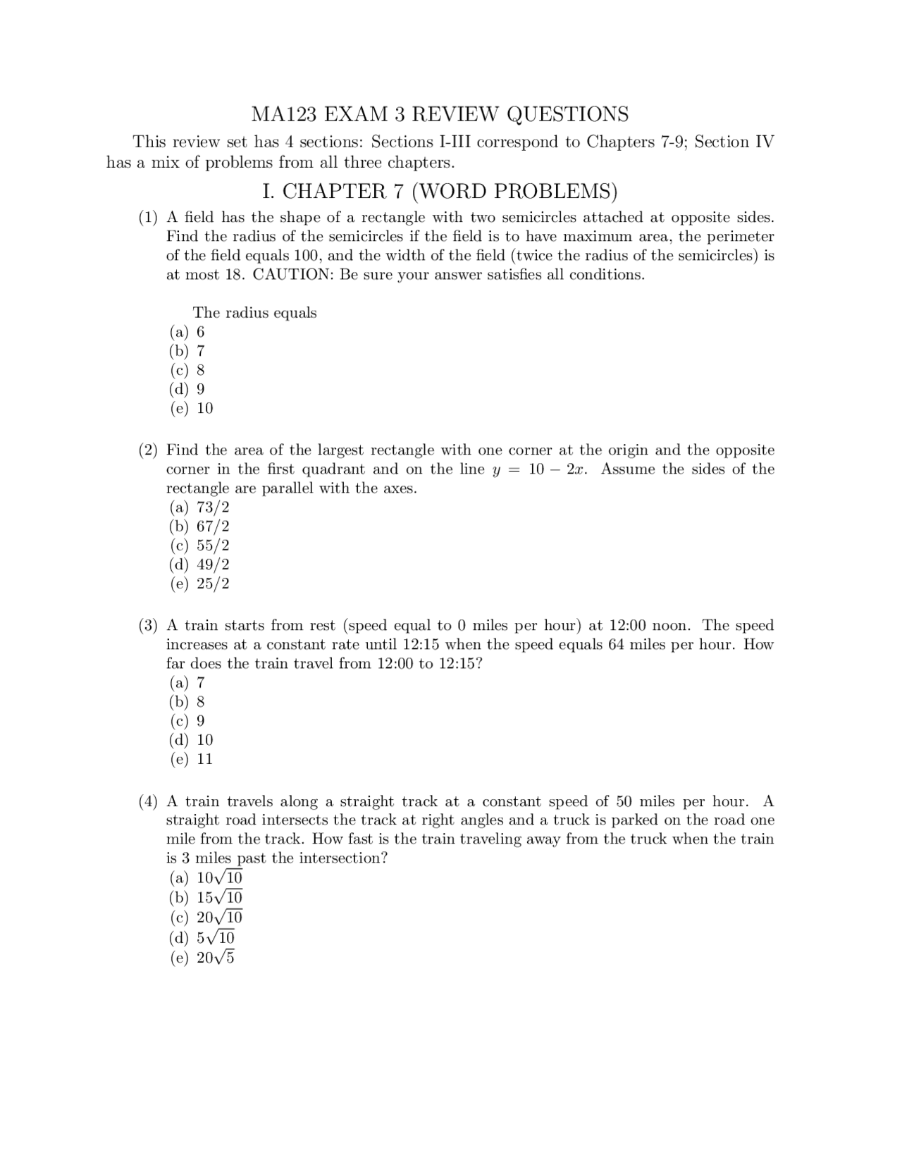 Exam 3 Review Questions - Elementary Calculus and Information ...