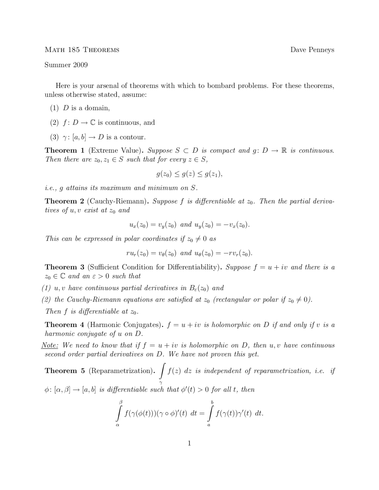 Theorems - Introduction to Complex Analysis | MATH 185 - Docsity