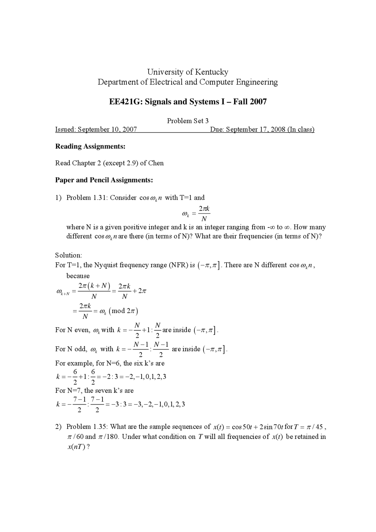 7 Questions with Solutions for Signals and Systems I | EE 421G - Docsity
