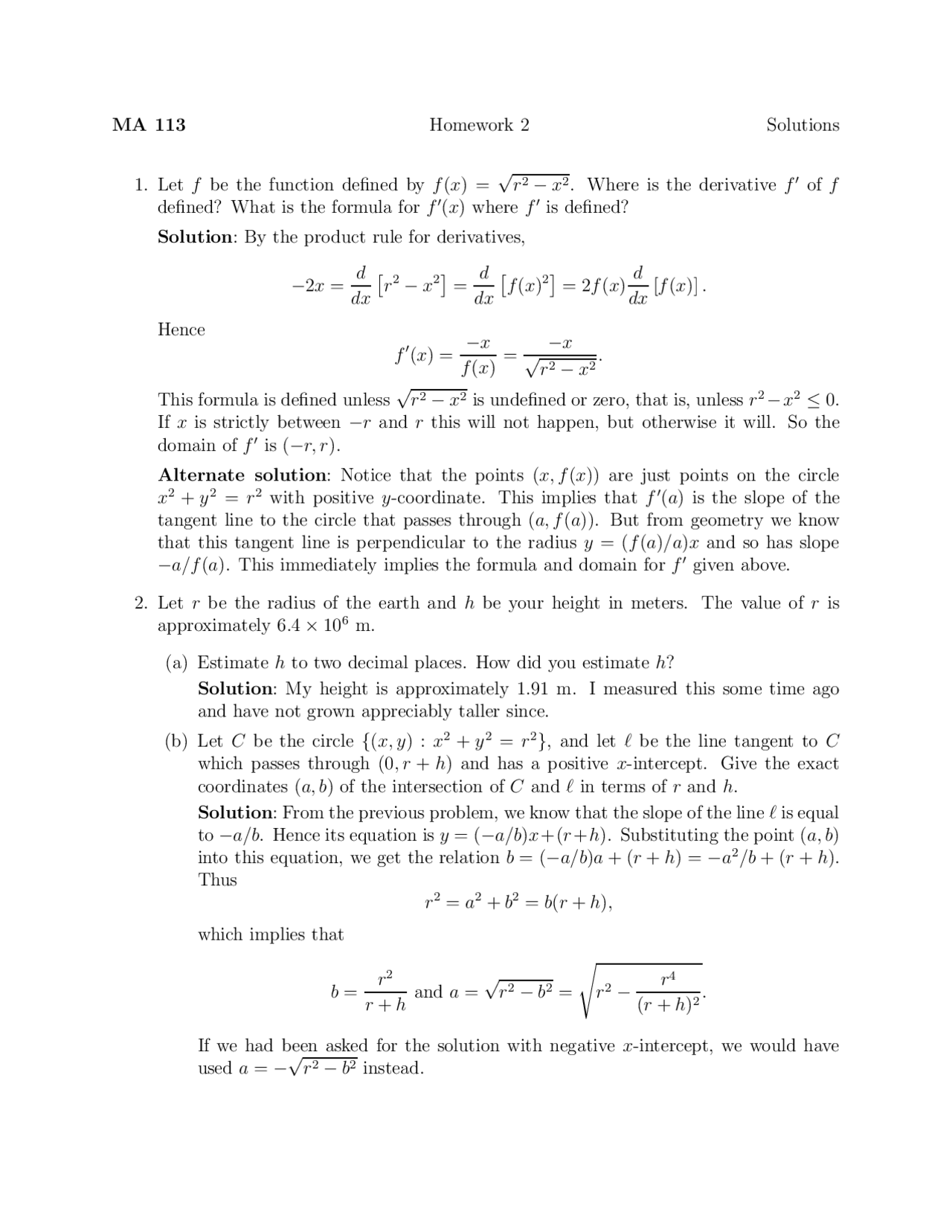Completed Math Homework Calculus Homework 2 with Solutions - Calculus I | MA 113 - Docsity