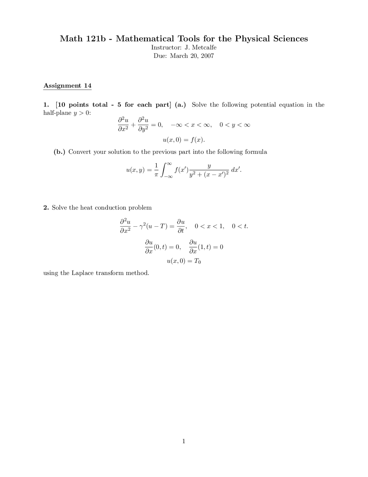Problems on Mathematical Tools for Physical Science - Problem Set 14 ...