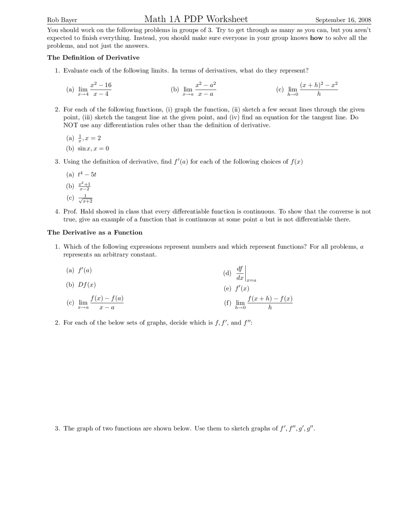 7 Questions for Calculus - Worksheet | MATH 1A - Docsity