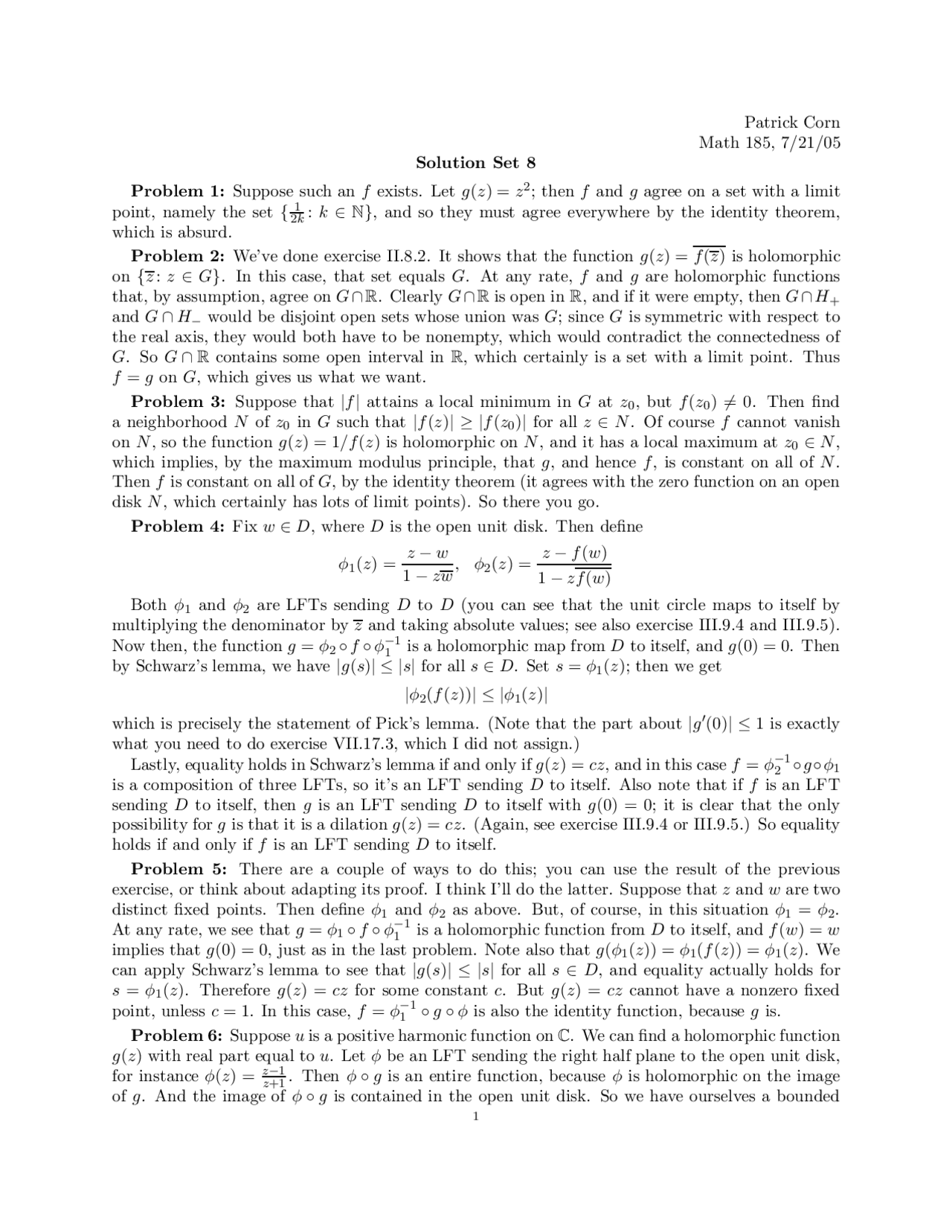 Solution Set 8 | Introduction to Complex Analysis | MATH 185 - Docsity