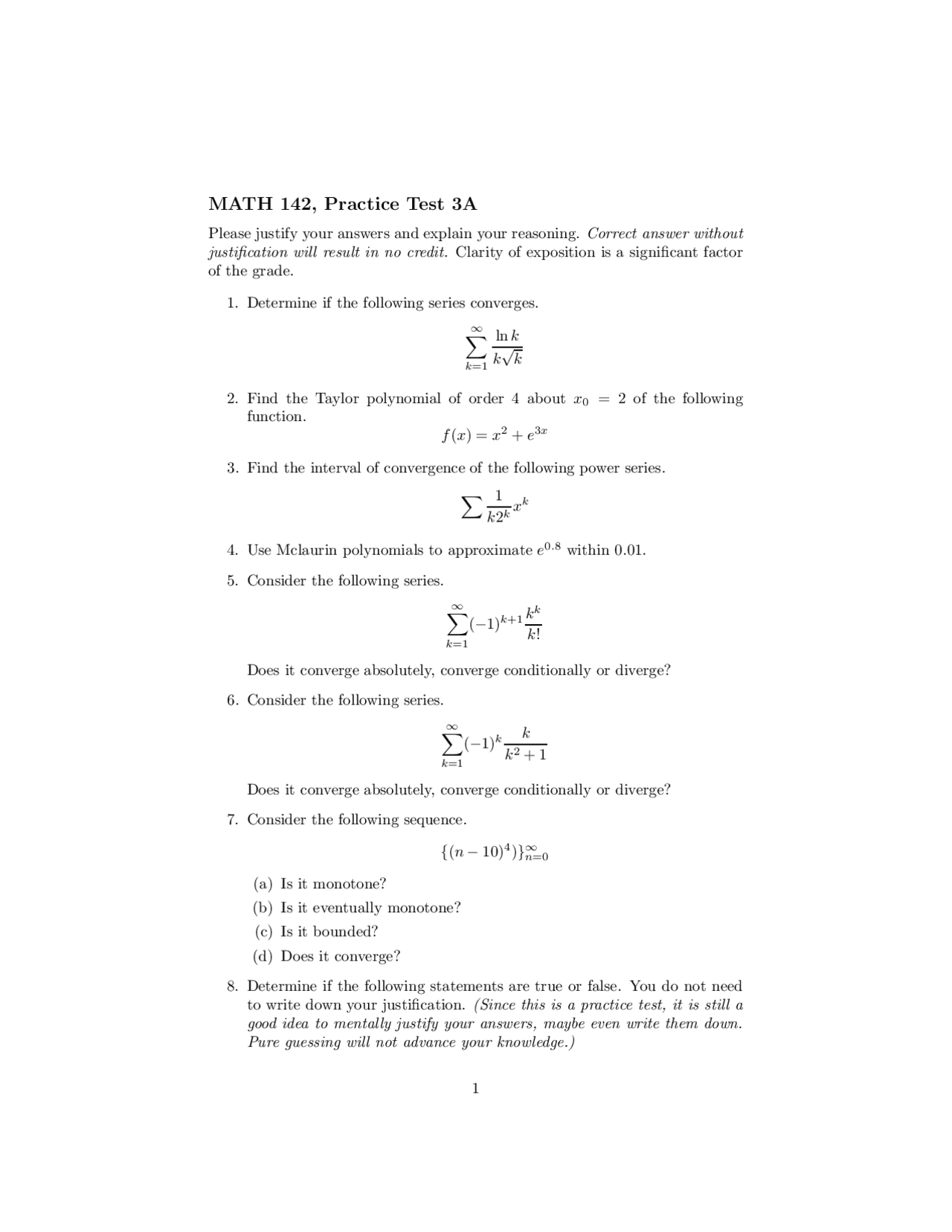 Practice Exam 3 Form A - Calculus II | MATH 142 - Docsity