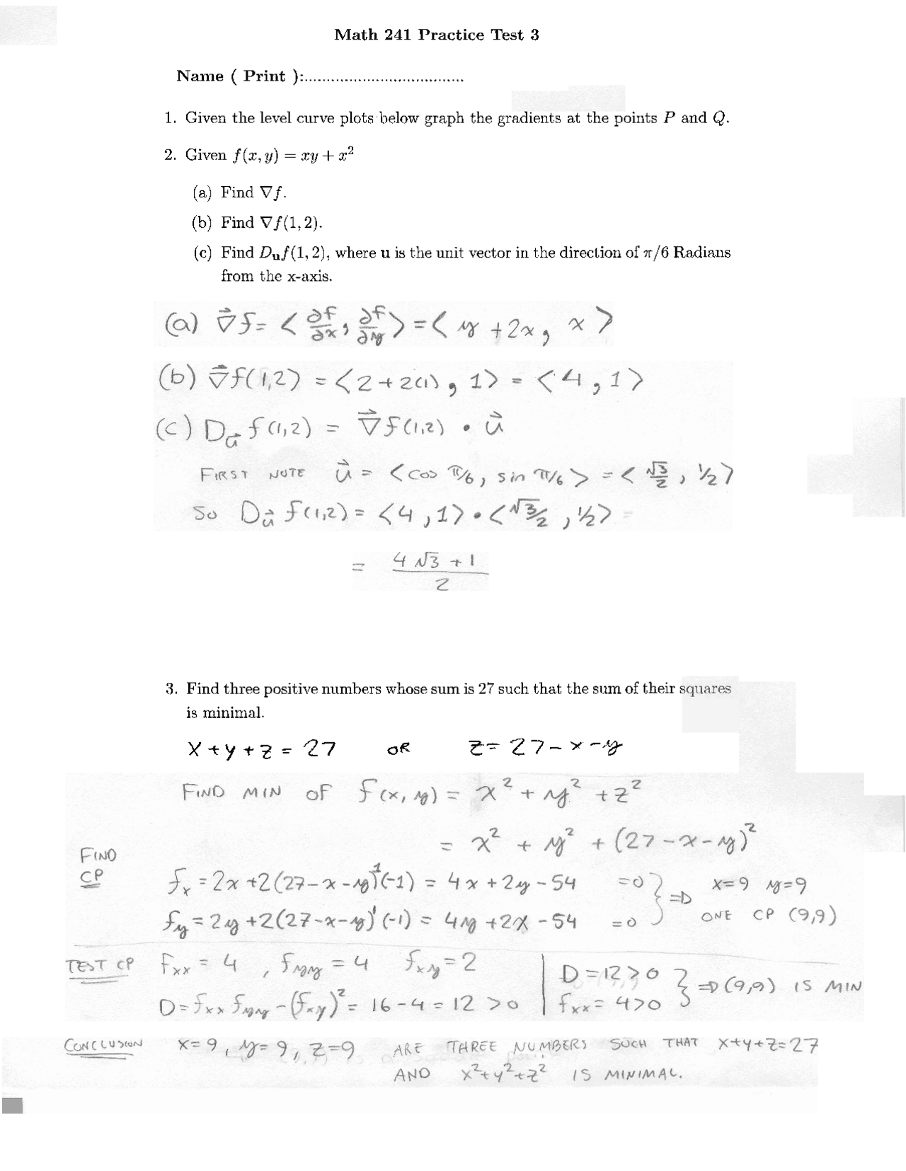 Practice Test 3 with Solutions - Vector Calculus | MATH 241 - Docsity