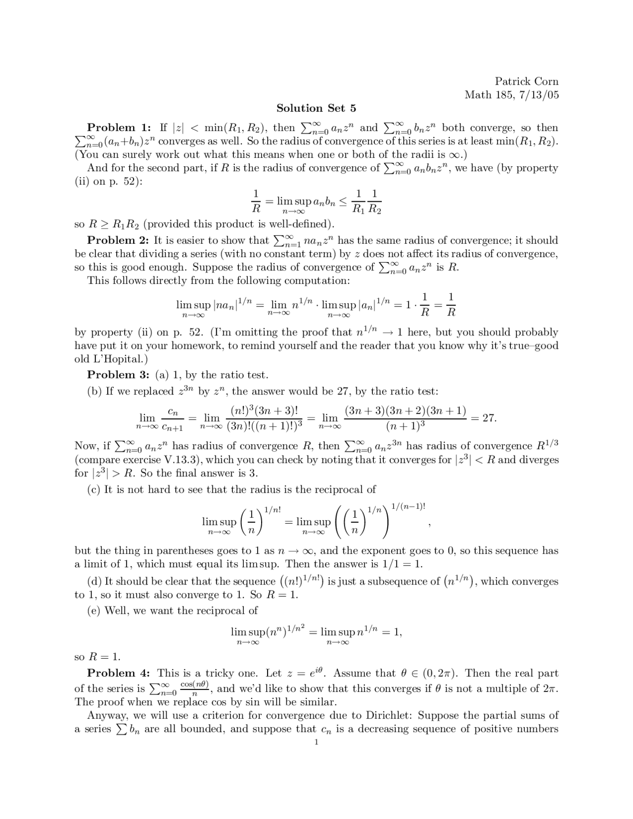 Solution Set 5 - Introduction to Complex Analysis | MATH 185 - Docsity