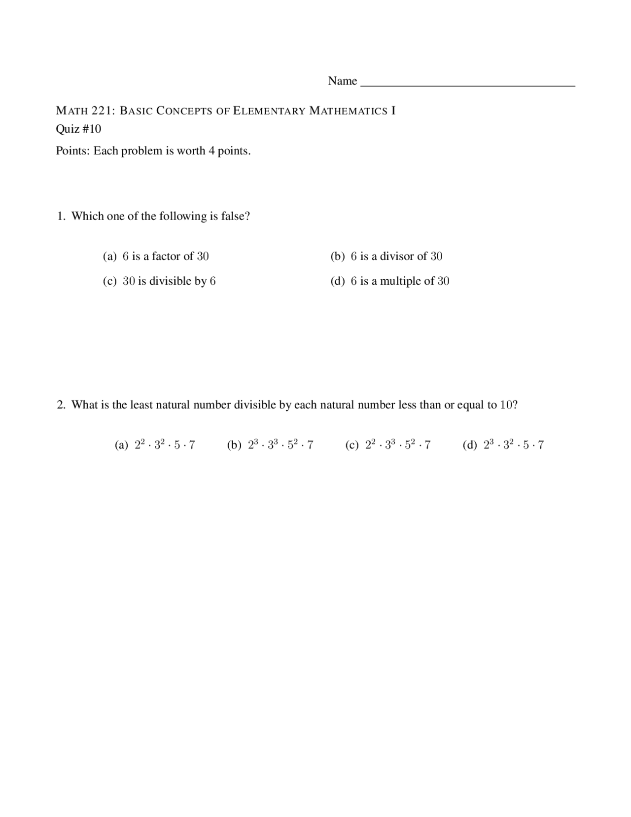 Quiz 10 for Basic Concepts of Elementary Mathematics I | MATH 221 - Docsity