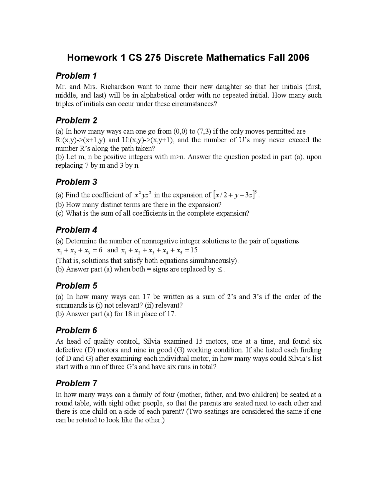 7 Problems for Assignment 1 - Discrete Mathematics | CS 275 - Docsity