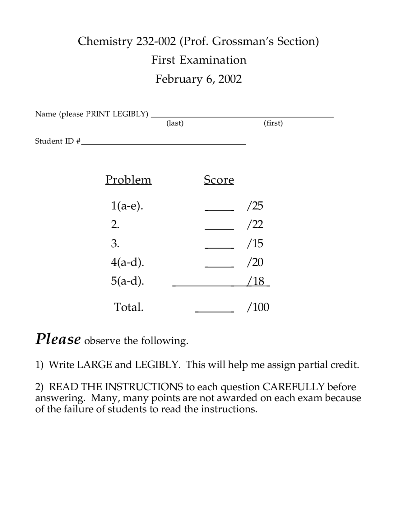 Questions for Exam I - Organic Chemistry I | CHE 232 - Docsity