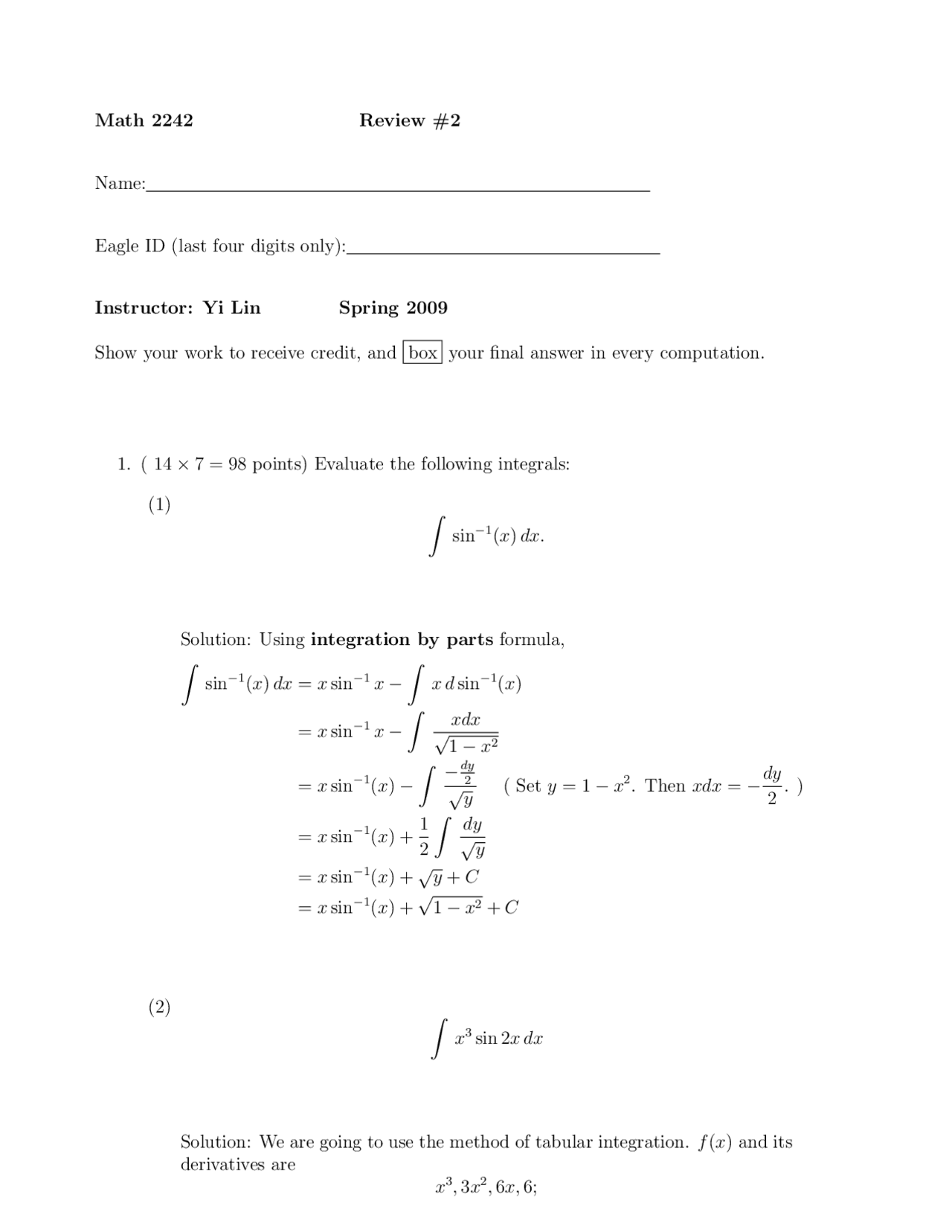 Practice Exam Questions with Solutions for Calculus II | MATH 2242 ...