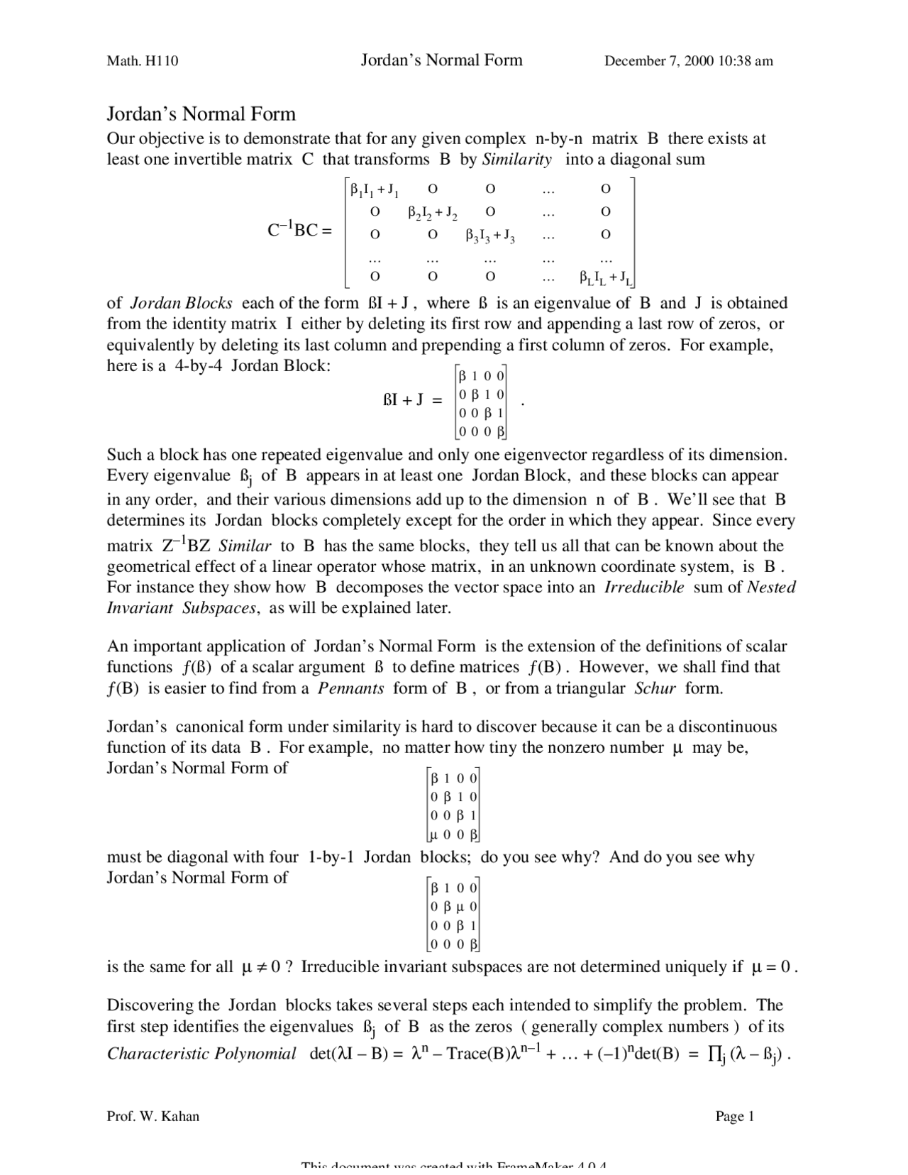 Notes for Jordans Normal Form - Linear Algebra | MATH H110 - Docsity