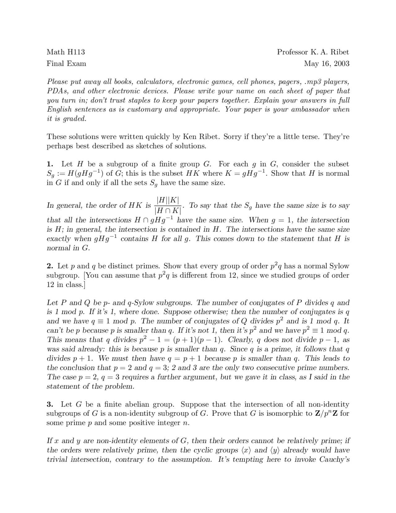 8 Questions on Introduction to Abstract Algebra - Final Exam | MATH ...