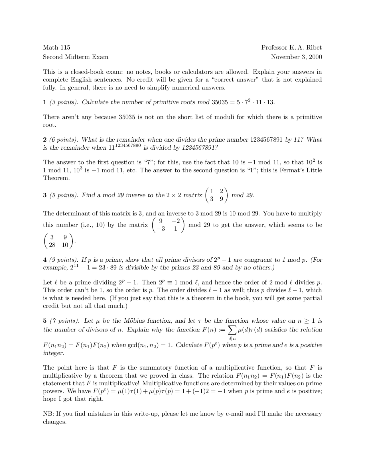 Second Midterm Exam - Introduction to Number Theory | MATH 115 - Docsity
