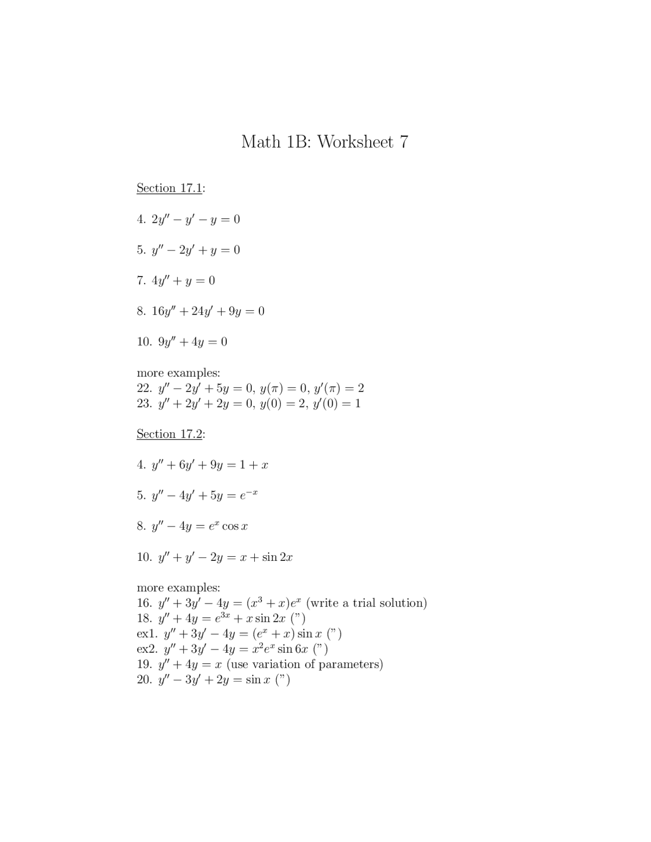 Homework 7 Questions For Calculus Math 1b Docsity Homework 7 Questions For Calculus Math 1b Docsity
