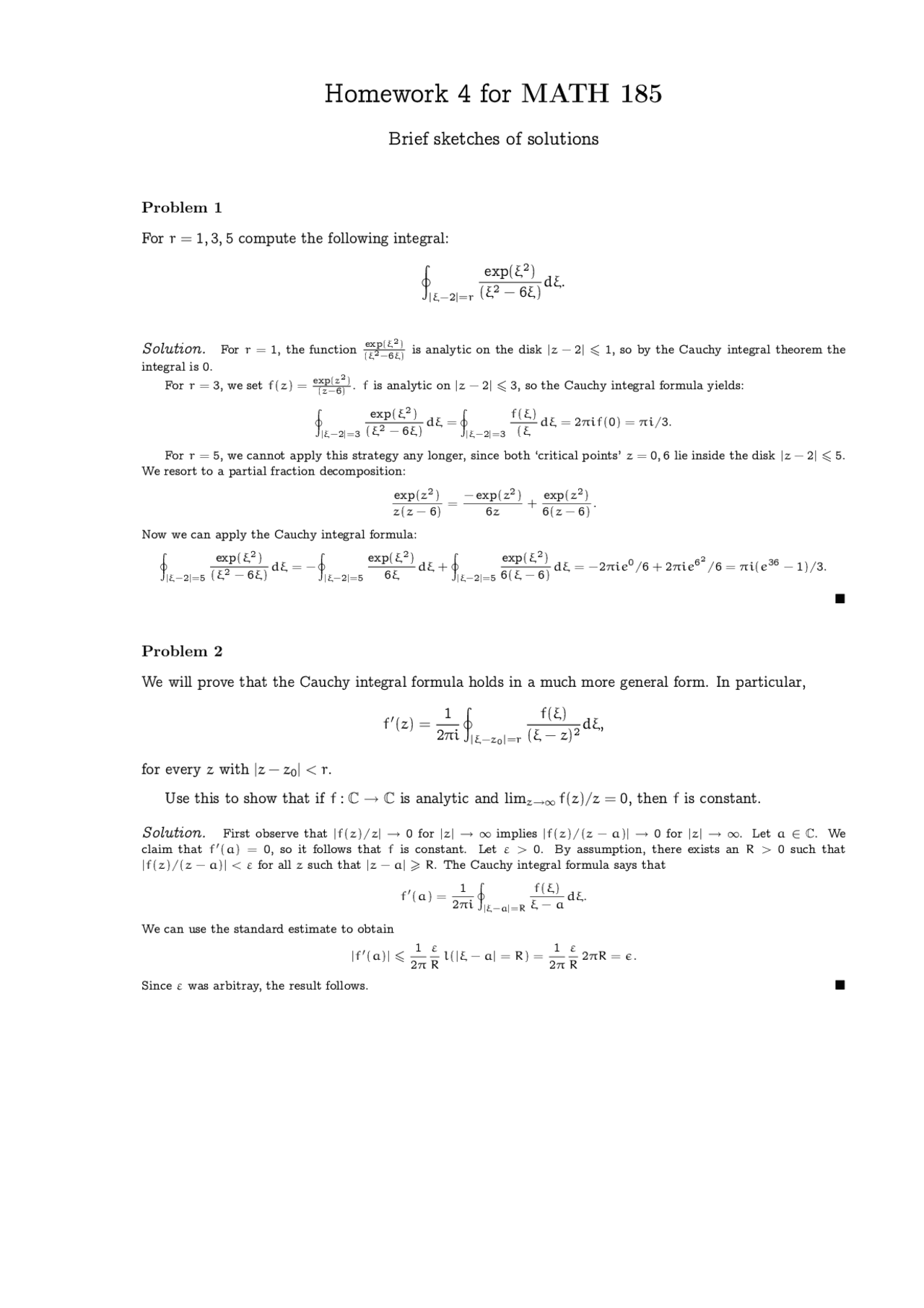 Solutions for Homework 4 - Introduction to Complex Analysis | MATH 185 ...