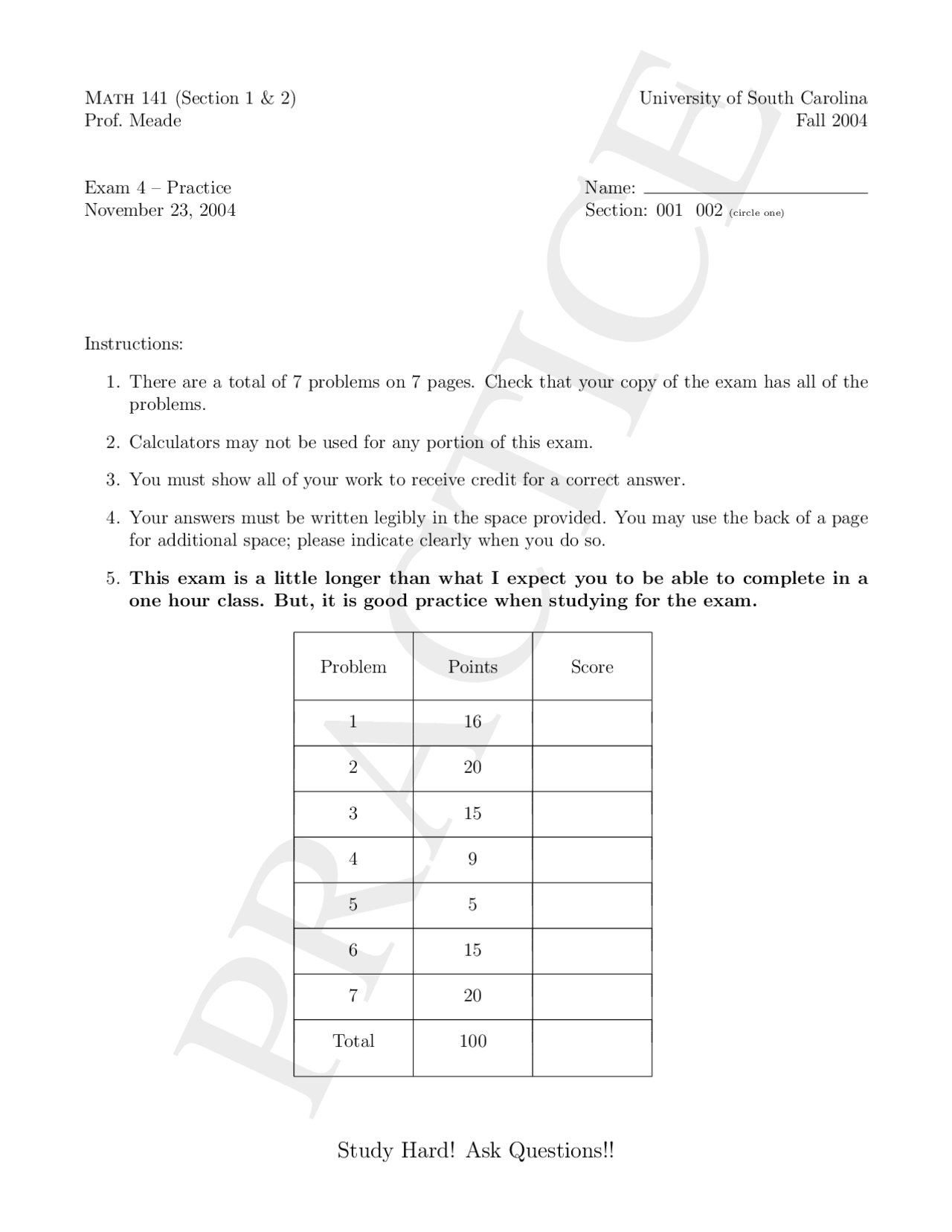 Math 141example Problems Calculus I - Exam 4 Practice Problems | MATH 141 - Docsity