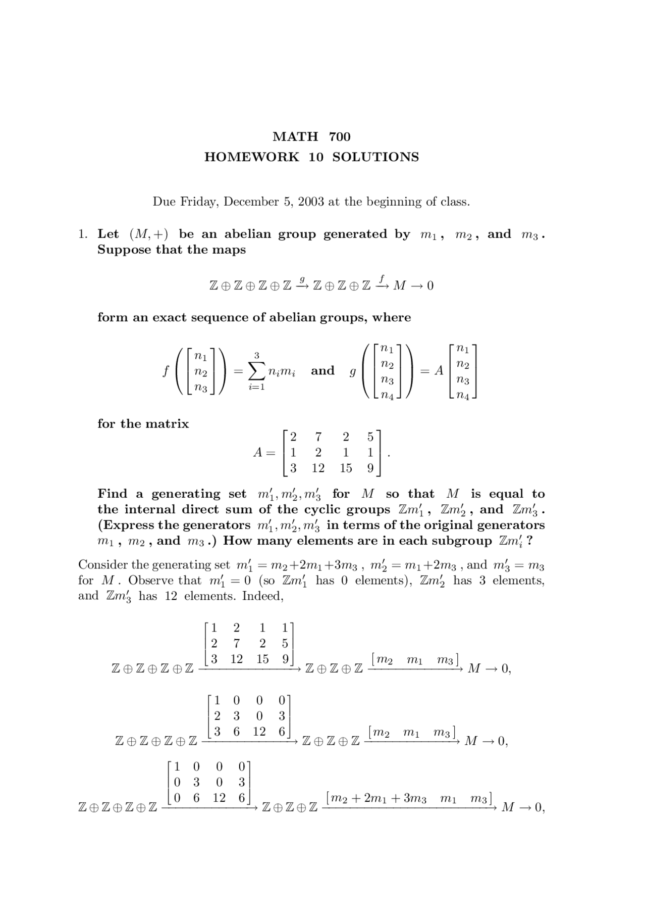 Homework 10 Solutions - Linear Algebra | MATH 700 - Docsity