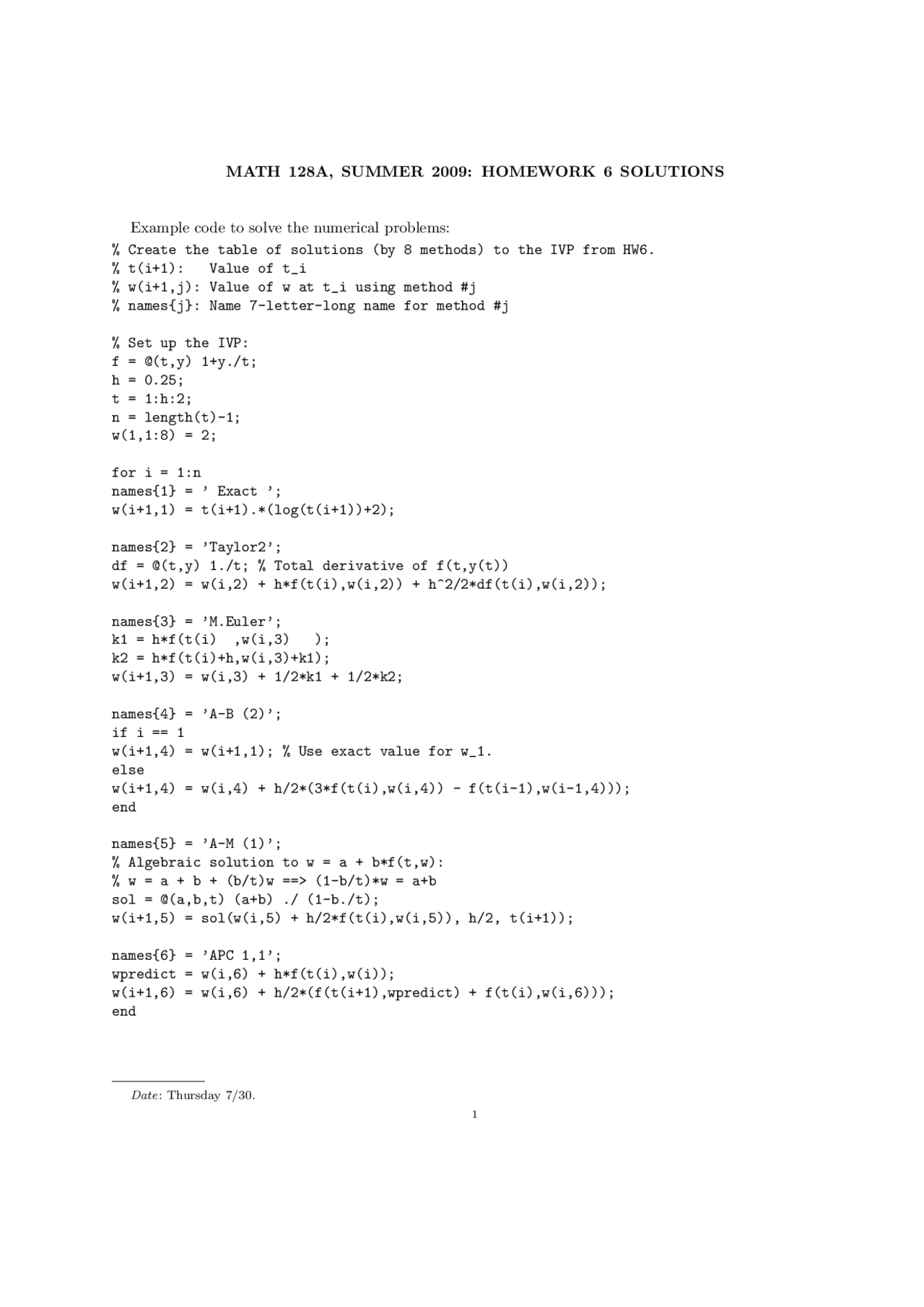 Homework 6 Solutions Summer 09 Numerical Analysis Math 128a Docsity