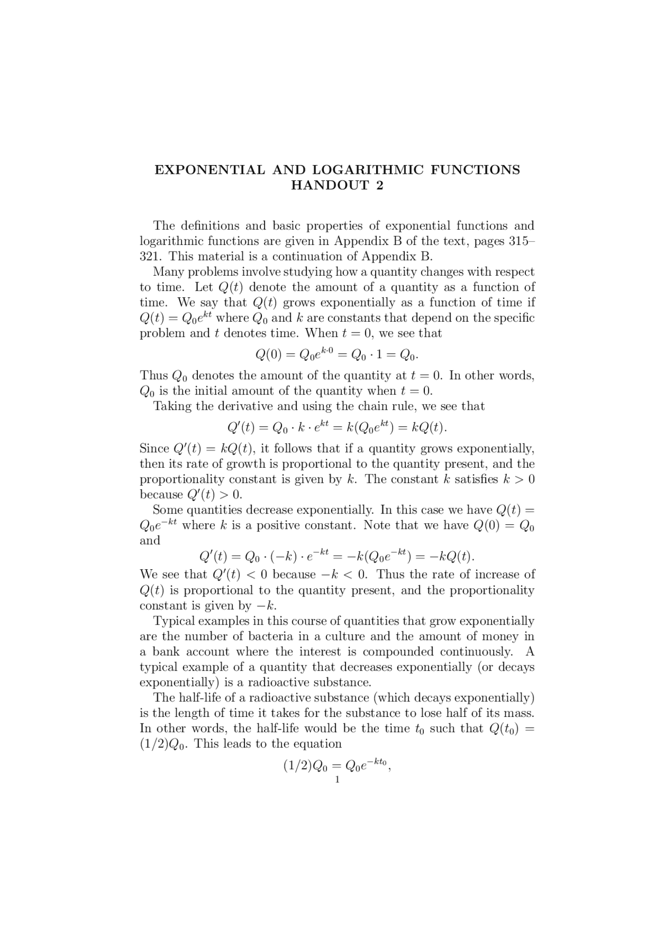 Exponential and Logarithmic Functions - Handout 2 | MA 123 - Docsity