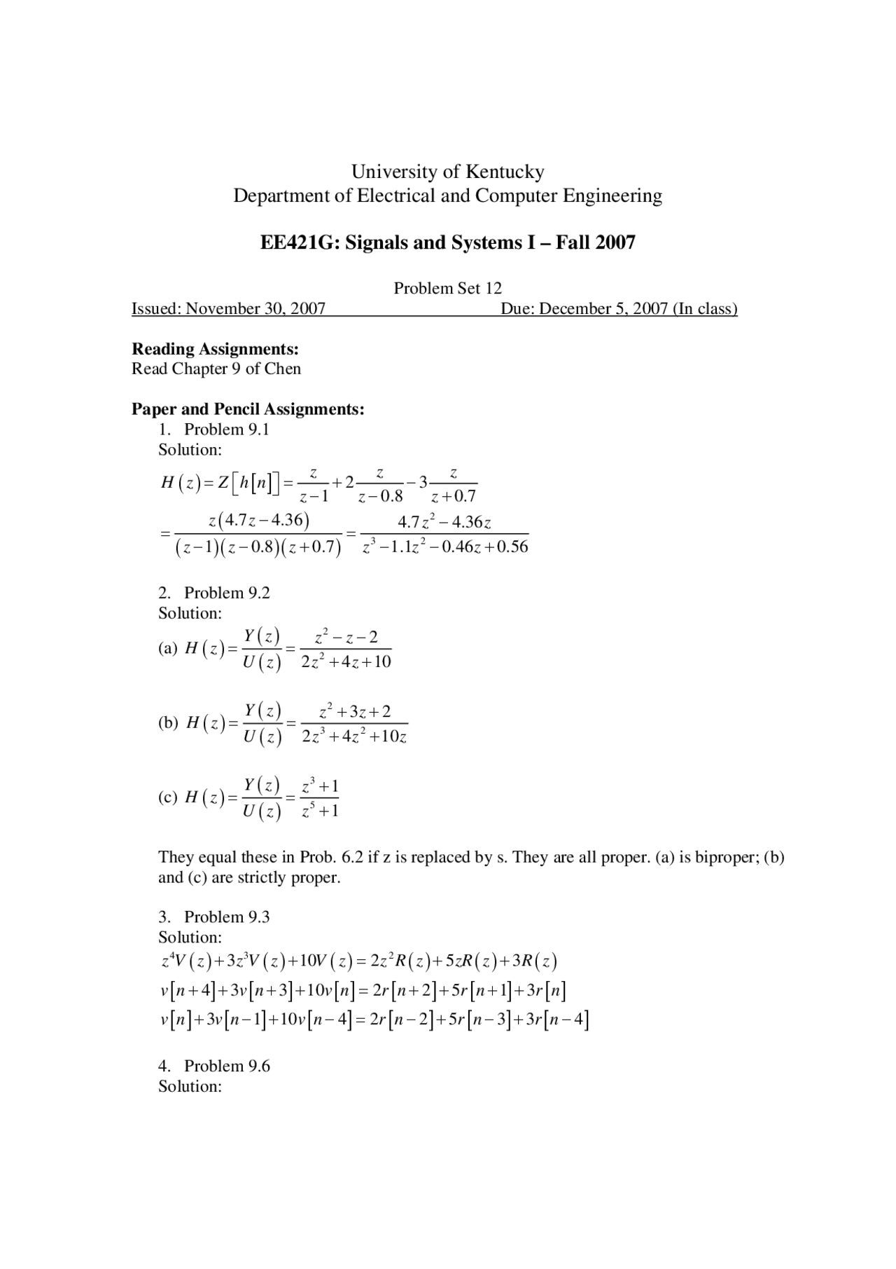 EE421G: Signals & Systems I Problem Set 12, Univ. of Kentucky, ECE ...