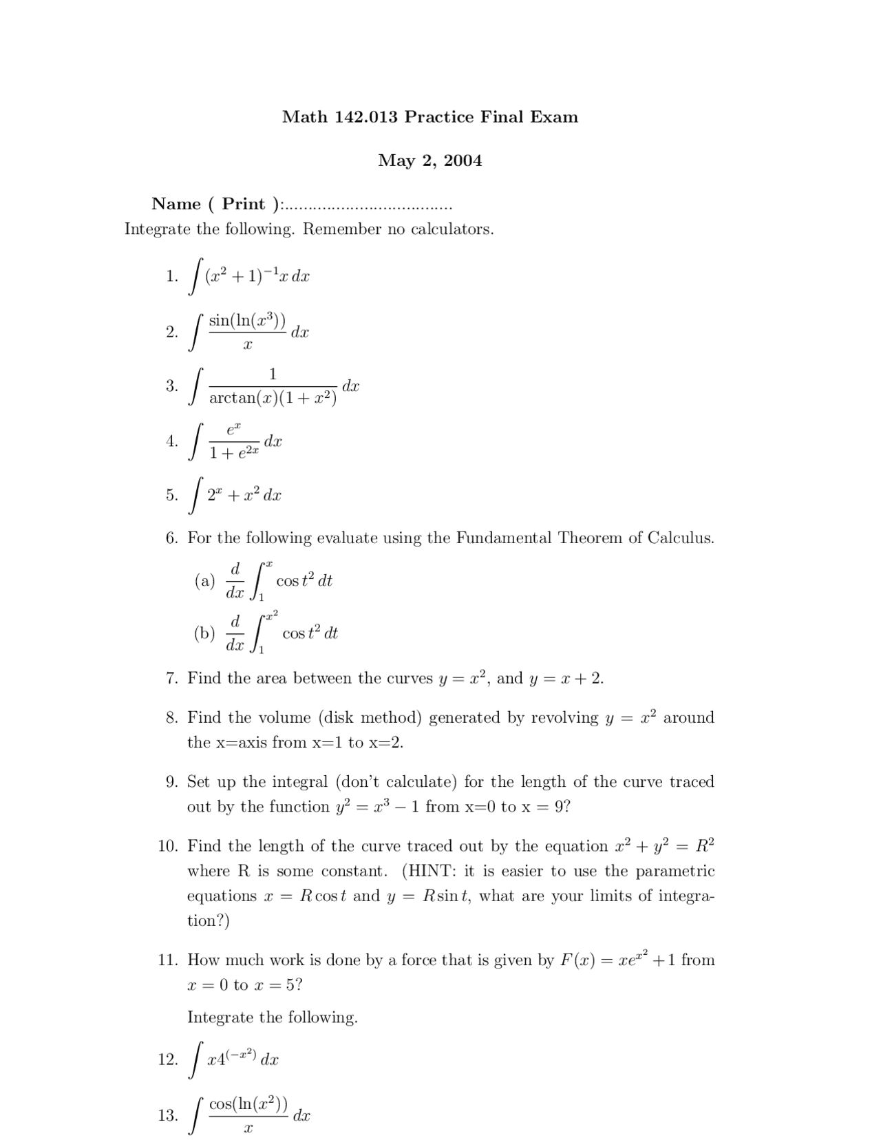 Practice Final Exam - Calculus I | MATH 142 - Docsity