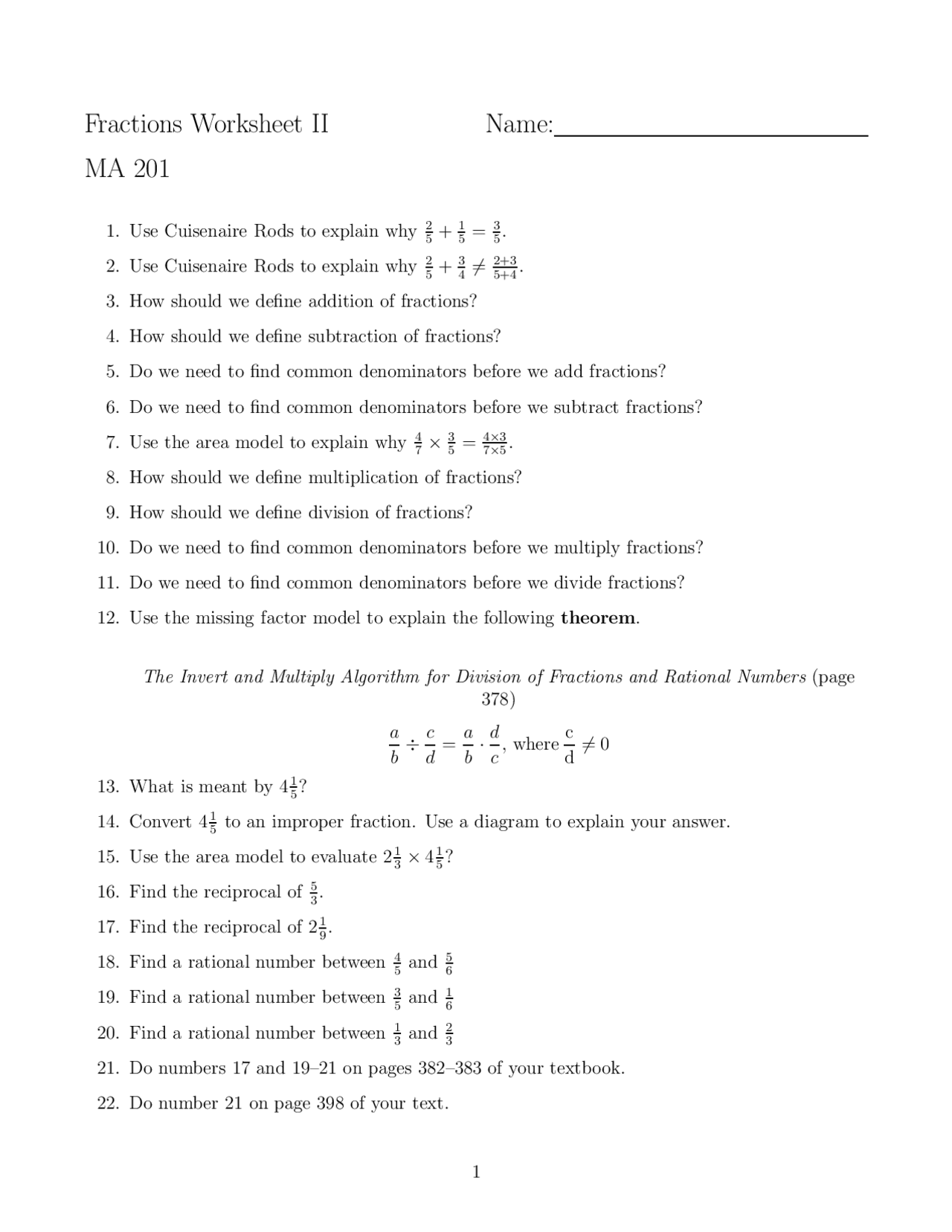 Fractions Worksheet II - Mathematics for Elementary Teachers | MA 201 ...