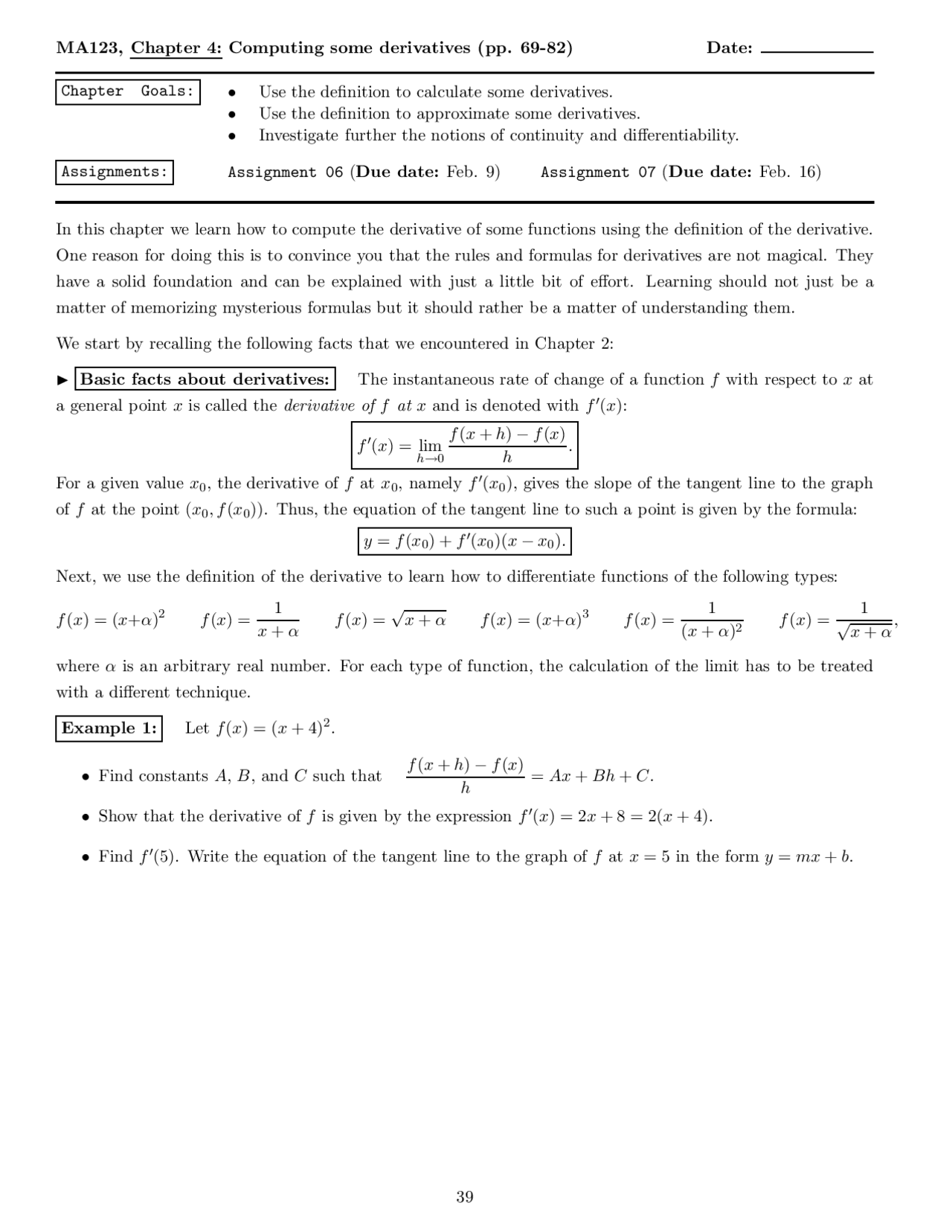 Computing Some Derivatives - Lecture Notes | MA 123 - Docsity