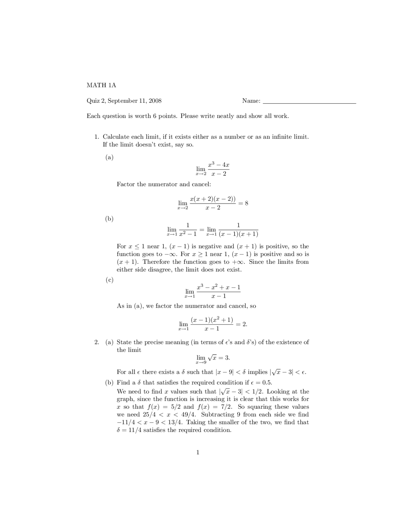 Calculus - Questions with Solutions for Quiz 2 | MATH 1A - Docsity