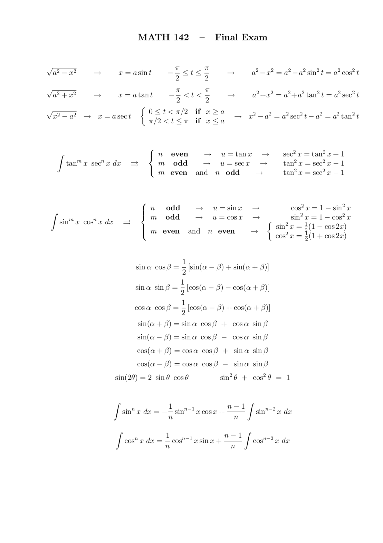 Calculus 2 Math Note Final Exam Notes - Calculus II | MATH 142 - Docsity