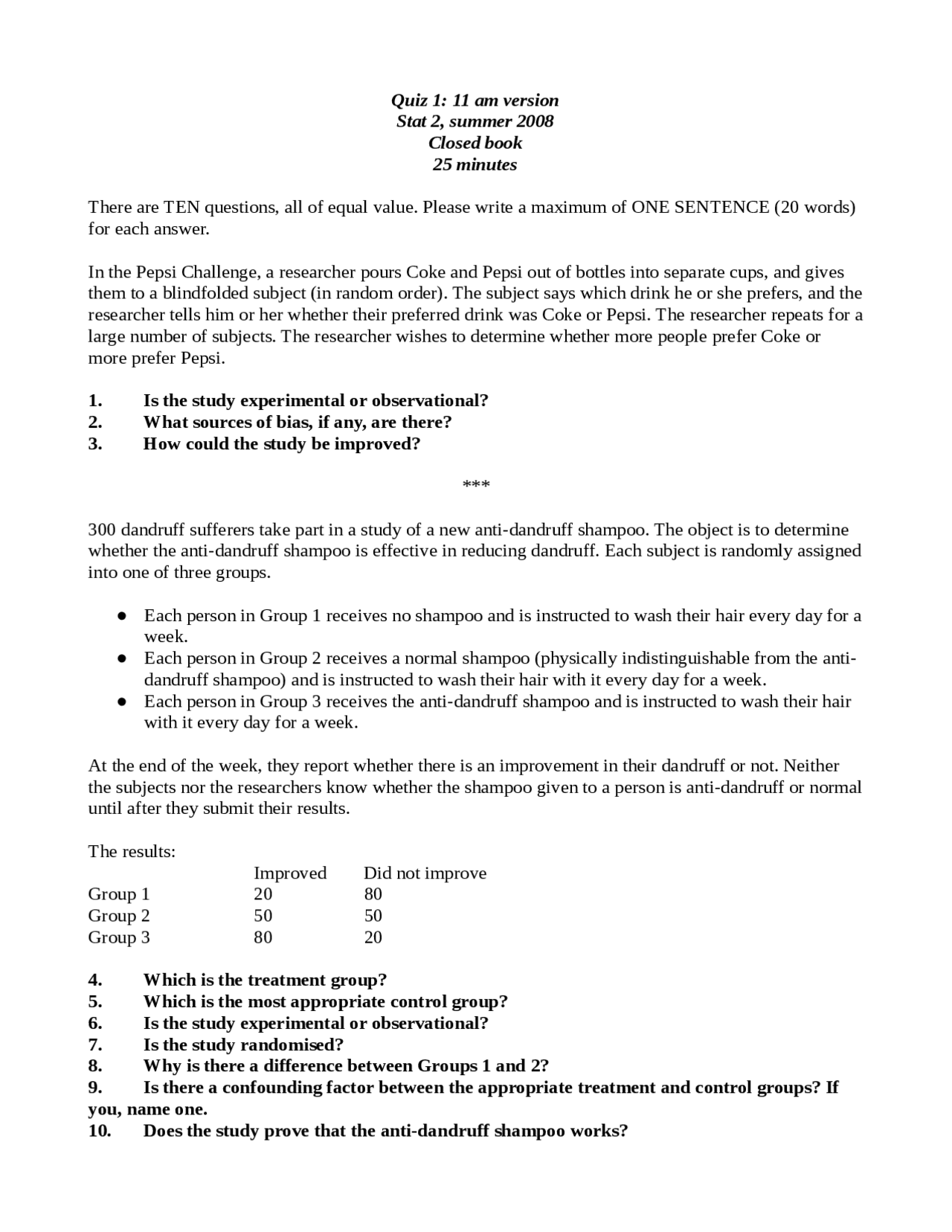 Prove that the Anti Dandruff Shampoo Works Quiz 1 STAT 2 Docsity