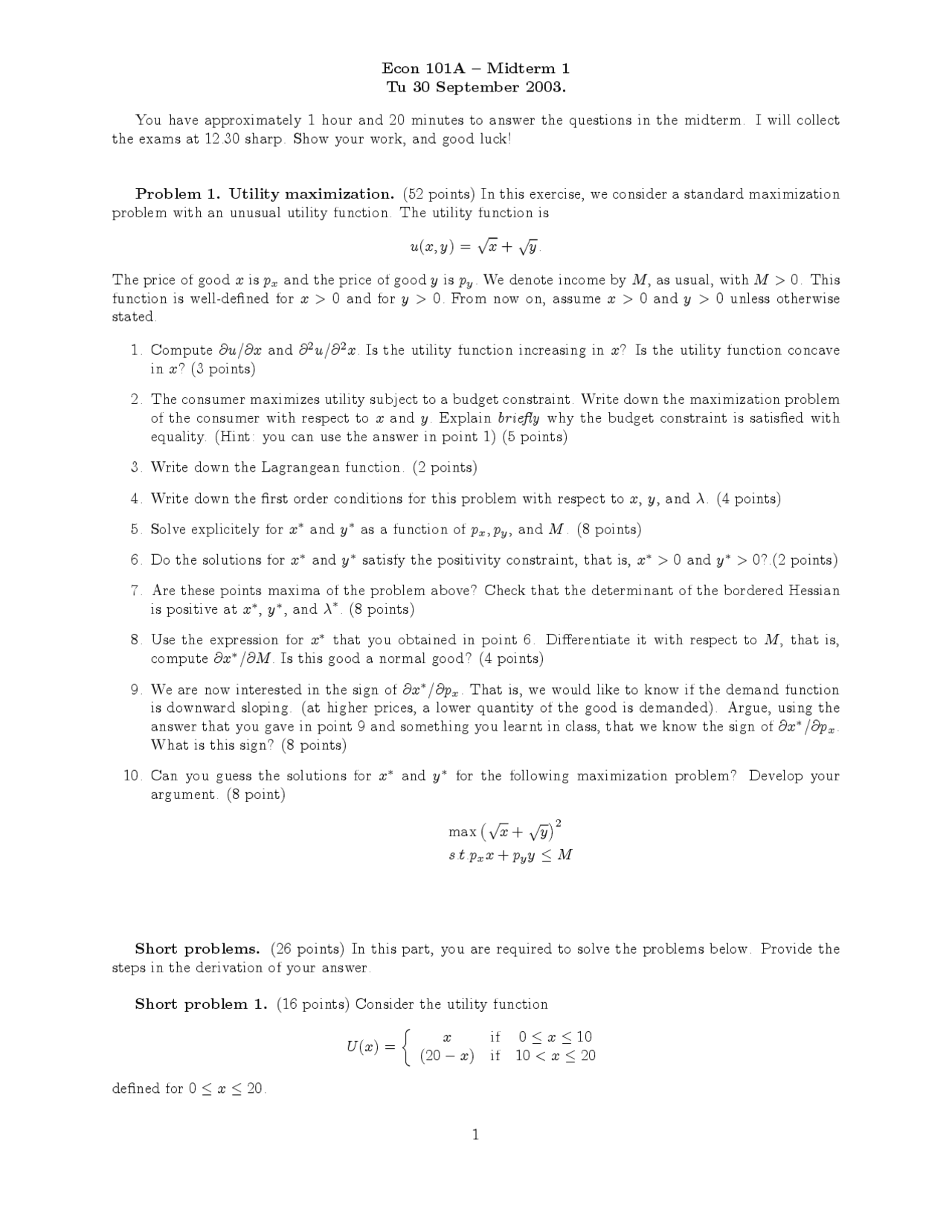 Midterm Exam 1 Problems for Microeconomic Theory | ECON 101A | Exams ...