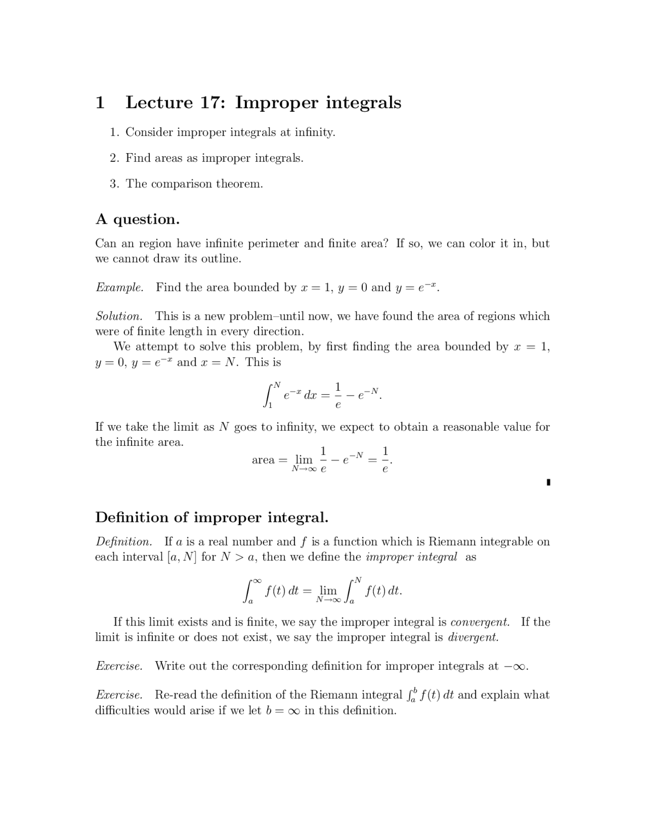 Improper Integrals - Lecture Notes | MA 114 - Docsity