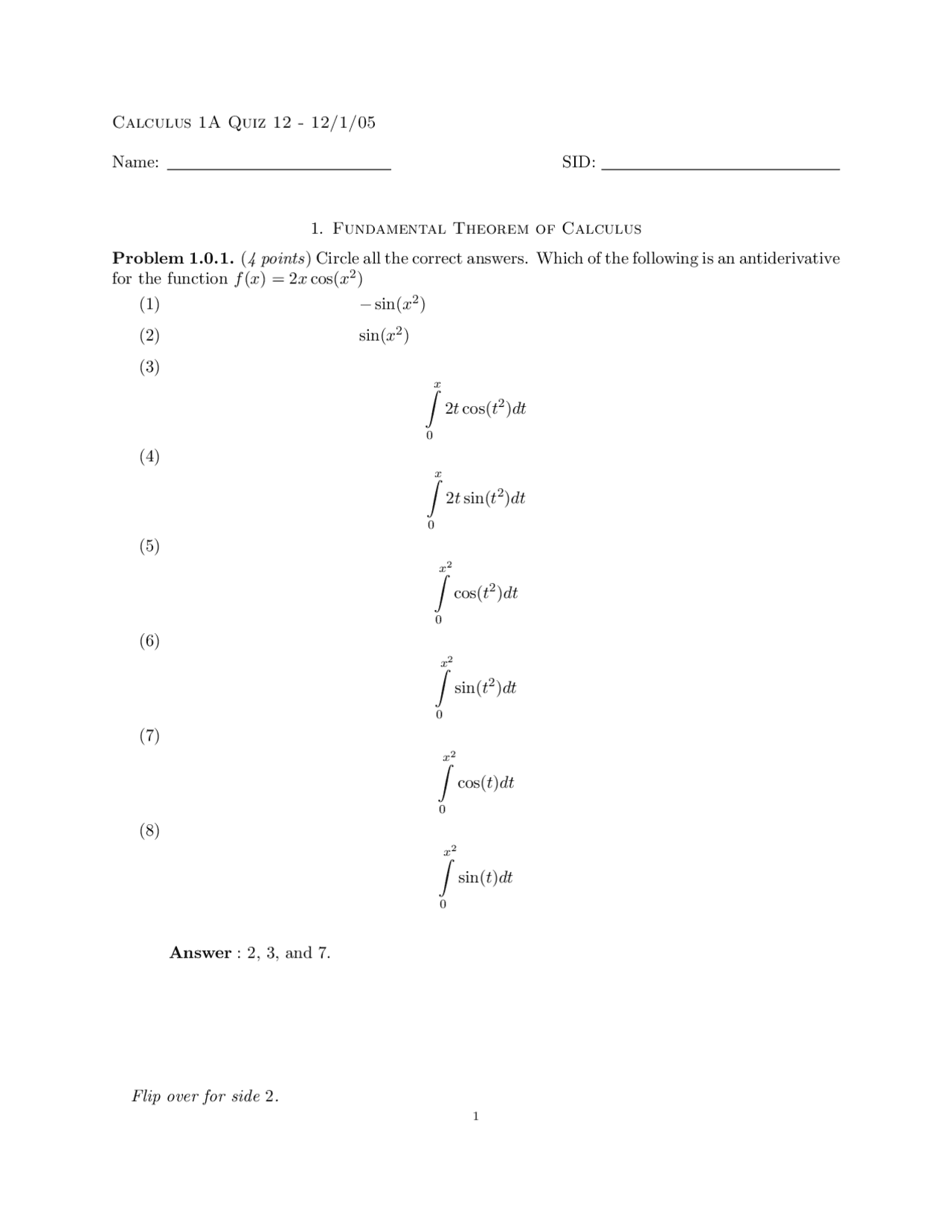 Quiz 12 with Solutions - Calculus | MATH 1A | Quizzes Calculus - Docsity