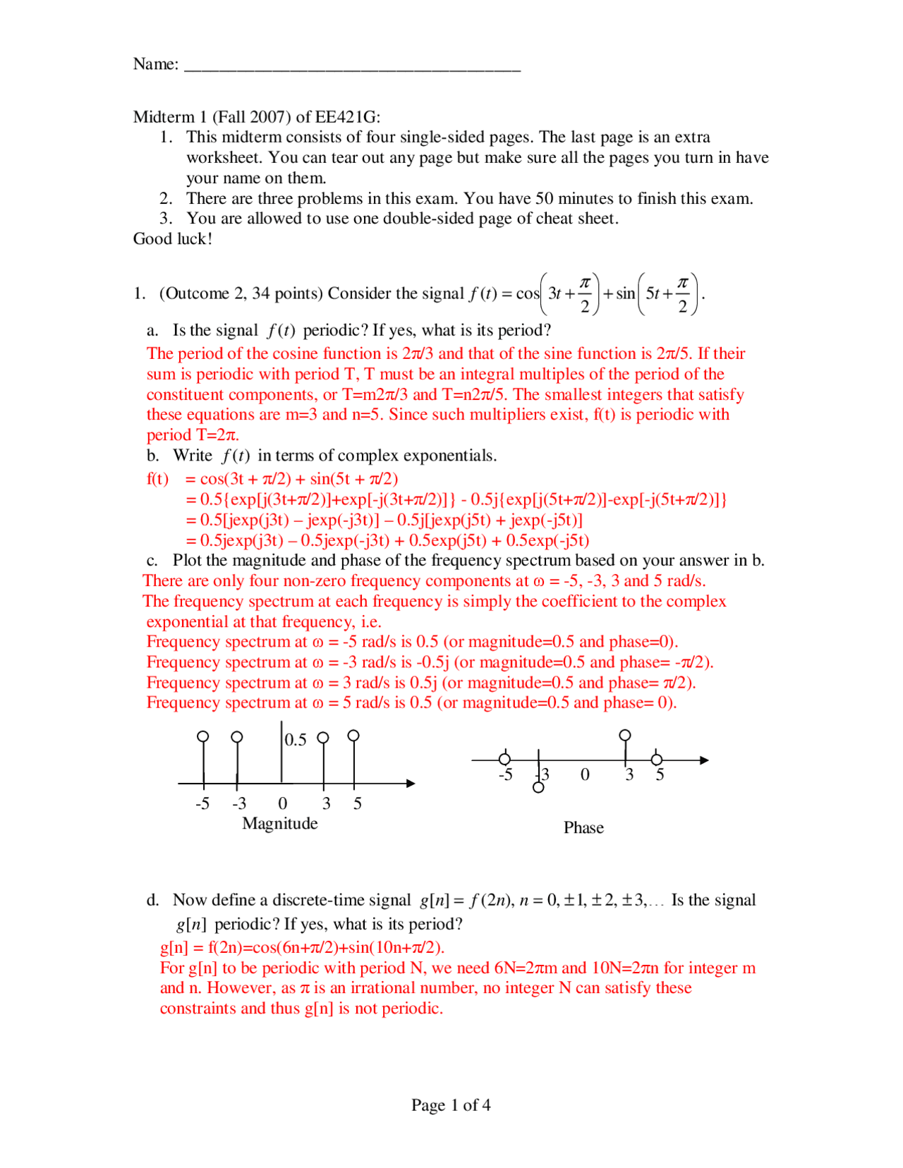 2 Solved Problems in Exam 2 on Signals and Systems | EE 421G - Docsity