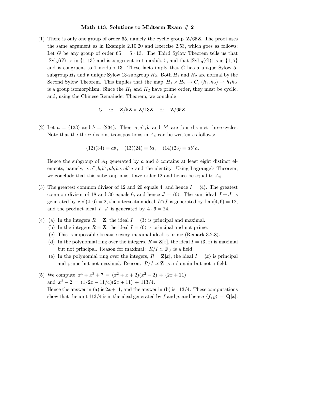 Math Abstract Example Exam Midterm Exam 2 Solutions - Introduction to Abstract Algebra | MATH 113 ...