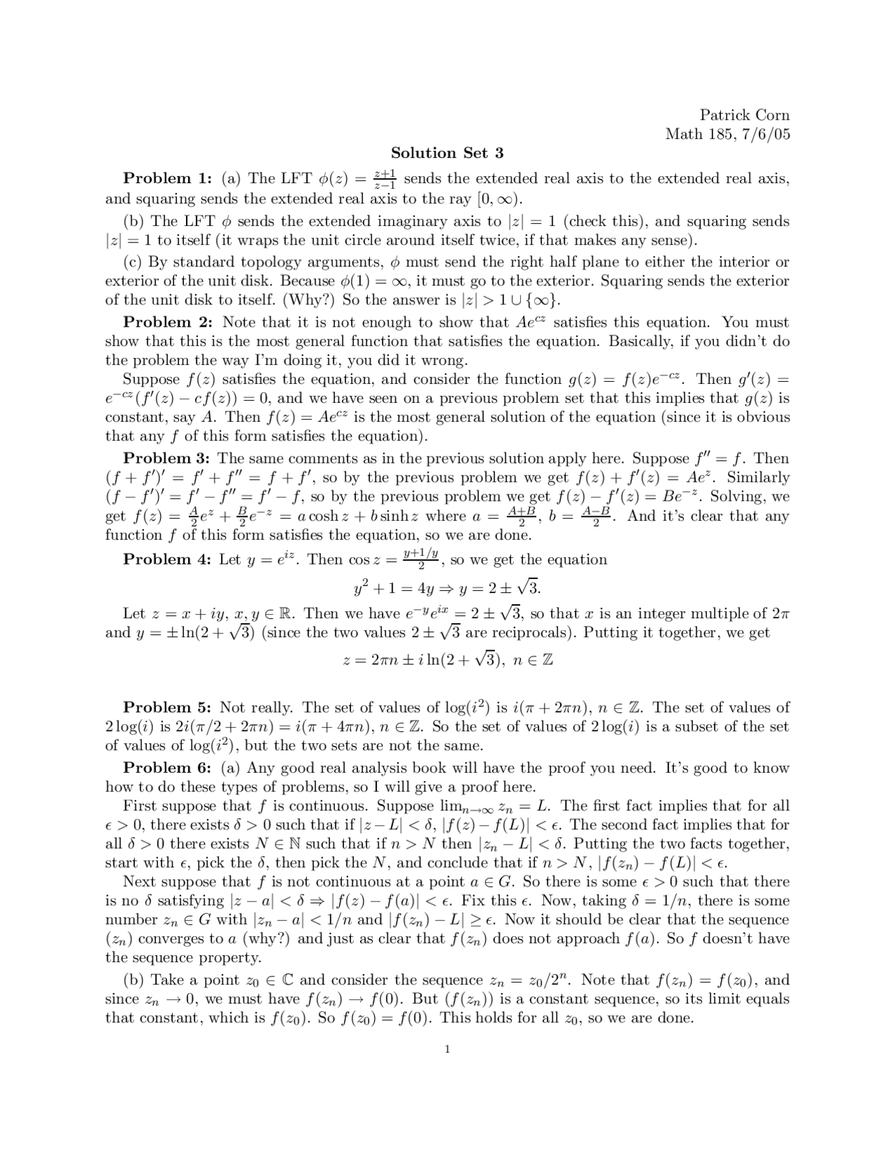 Introduction to Complex Analysis - Solution Set 3 | MATH 185 - Docsity