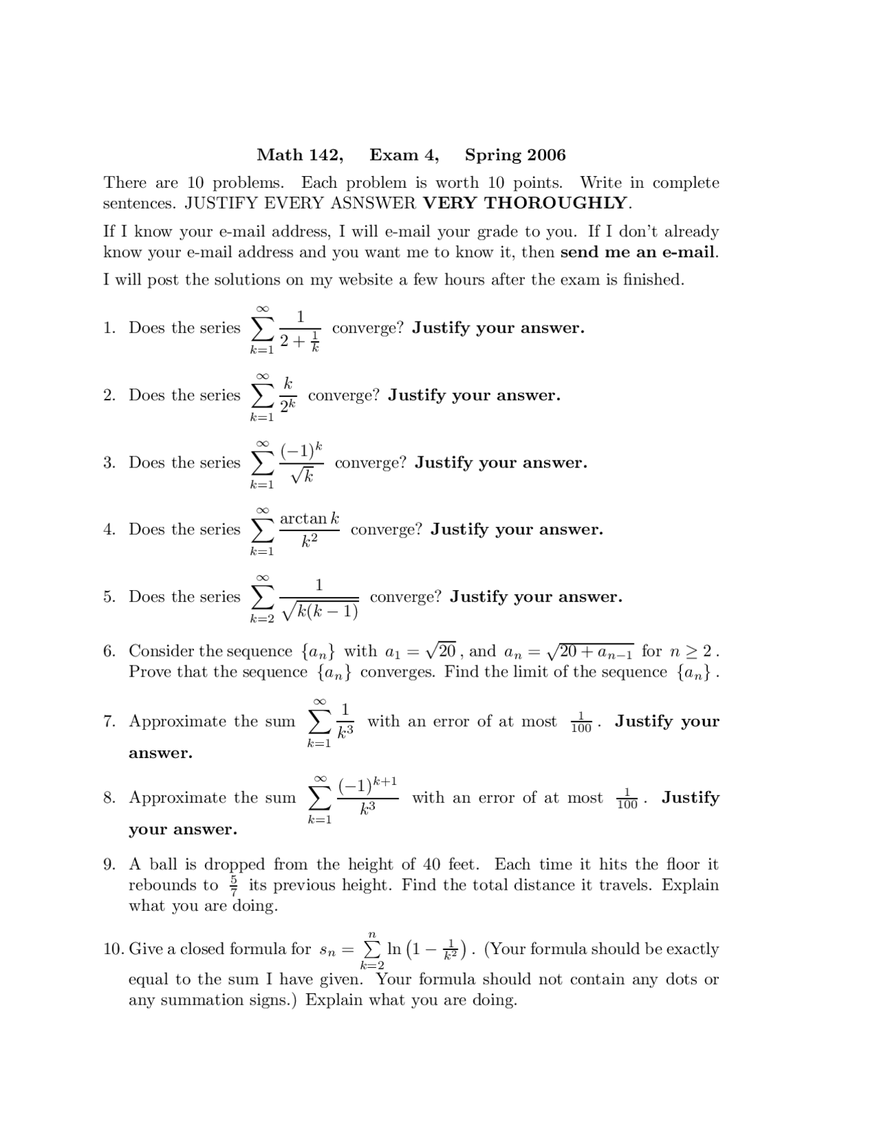 10 Problems on Practice Exam 4 for Calculus II | MATH 142 - Docsity