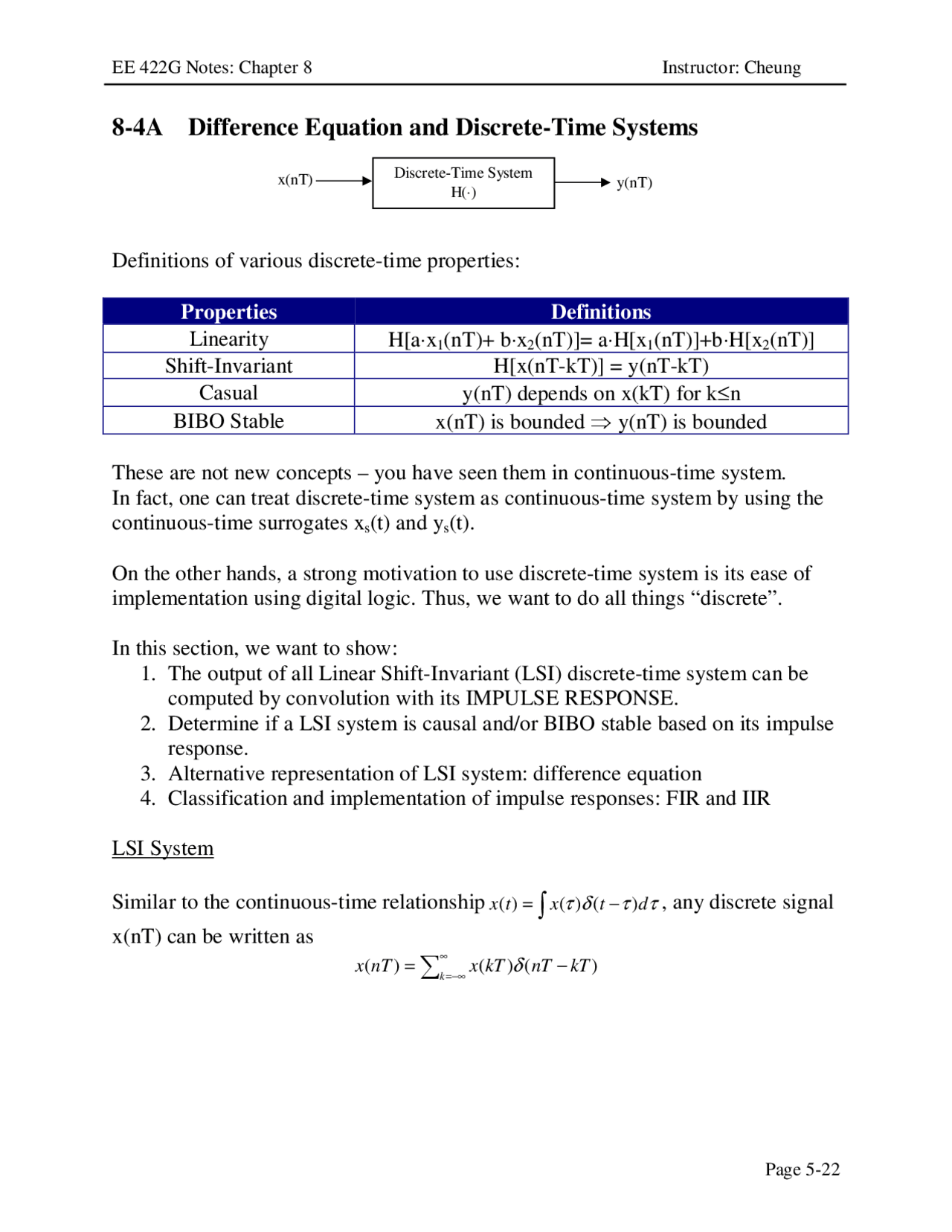 Difference Equation and Discrete-Time Systems | EE 422G - Docsity