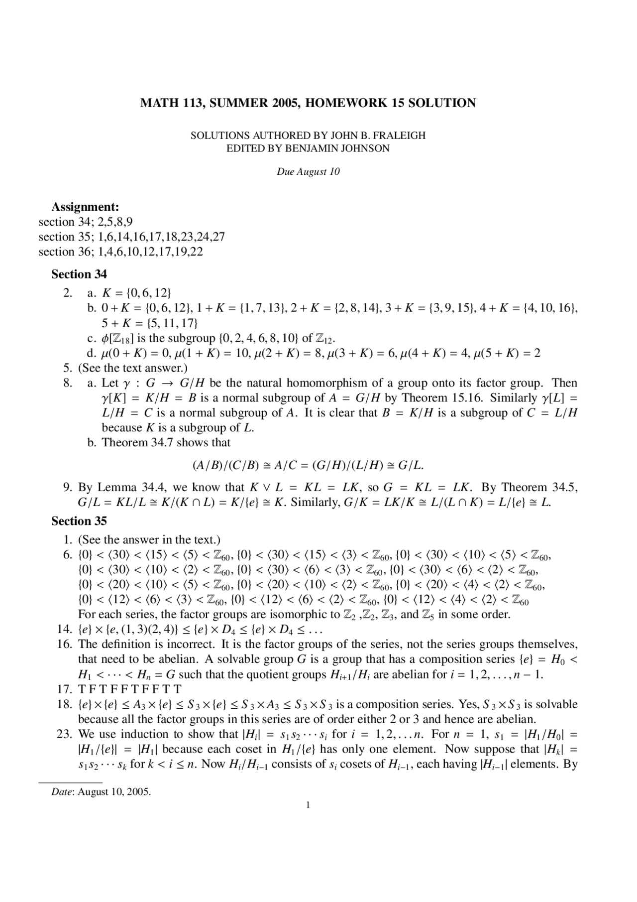 Solutions for Homework 15 | Introduction to Abstract Algebra | MATH 113 ...