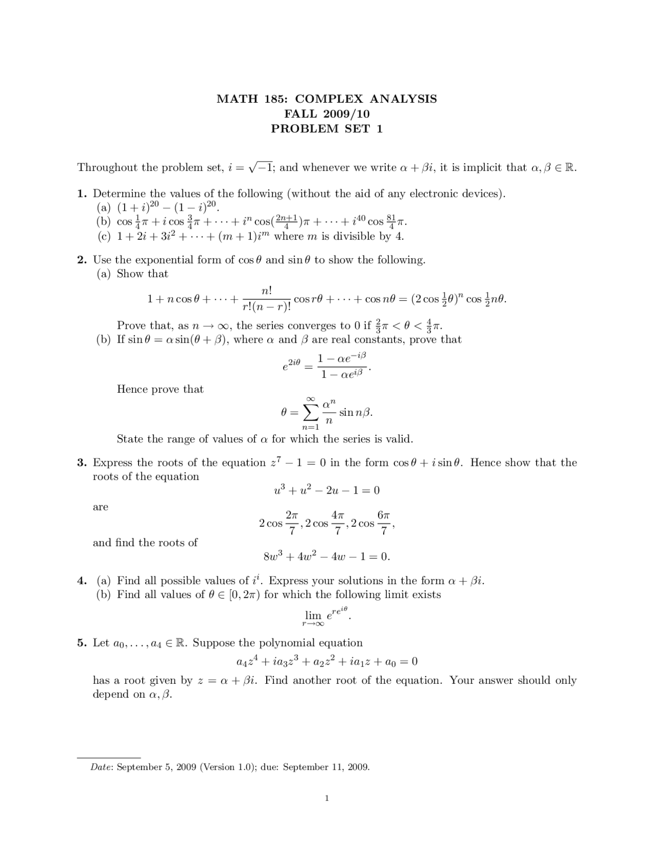 Homework Set 1 - Introduction to Complex Analysis | MATH 185 - Docsity