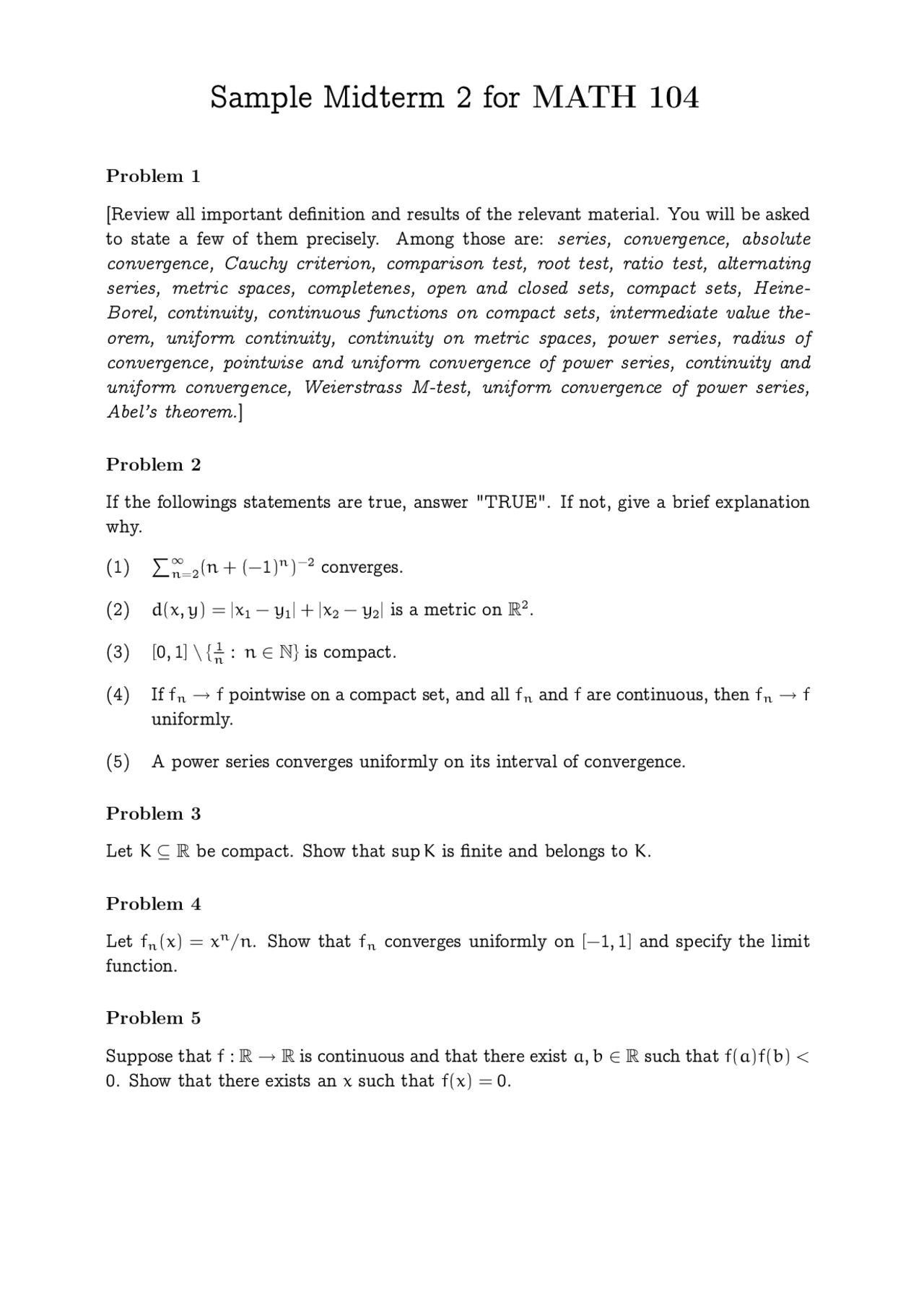 Introduction to Analysis - Sample Midterm Exam 2 | MATH 104 | Exams ...
