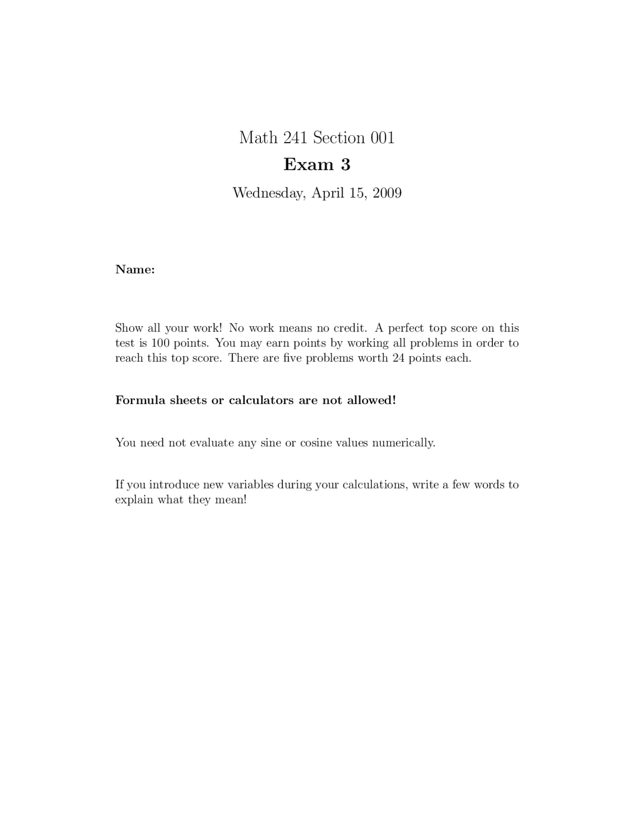 5 Problems on Vector Calculus for Exam 3 | MATH 241 - Docsity
