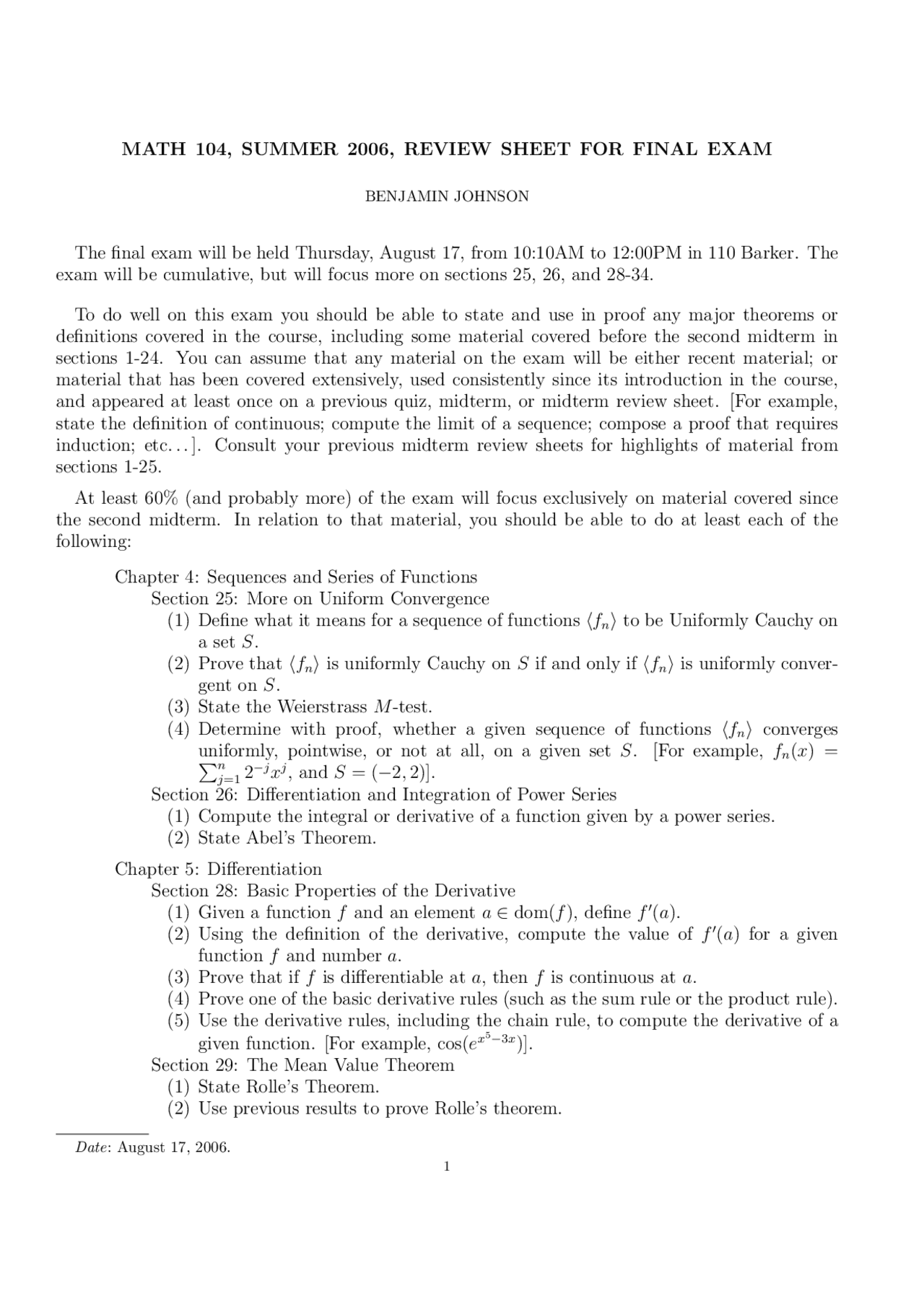 Review Sheet for Final Exam - Introduction to Analysis | MATH 104 - Docsity