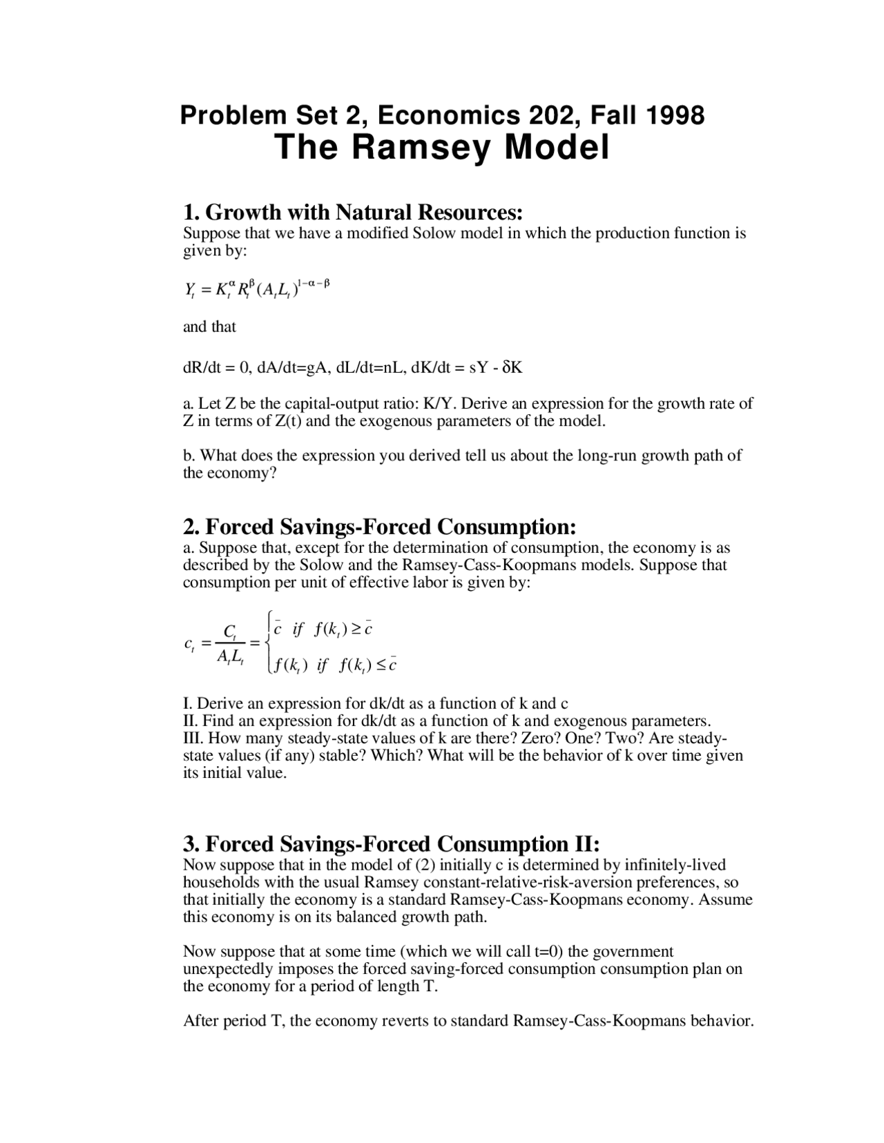 The Ramsey Model Problem Set 2 ECON 161 Docsity
