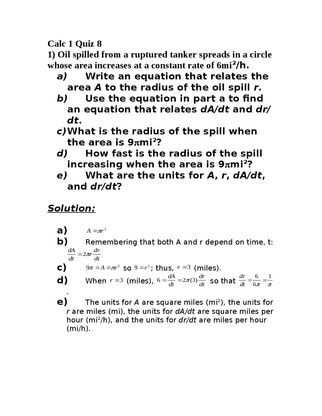 What is the Radius of Oil Spill Quiz 8 MATH 141 Docsity