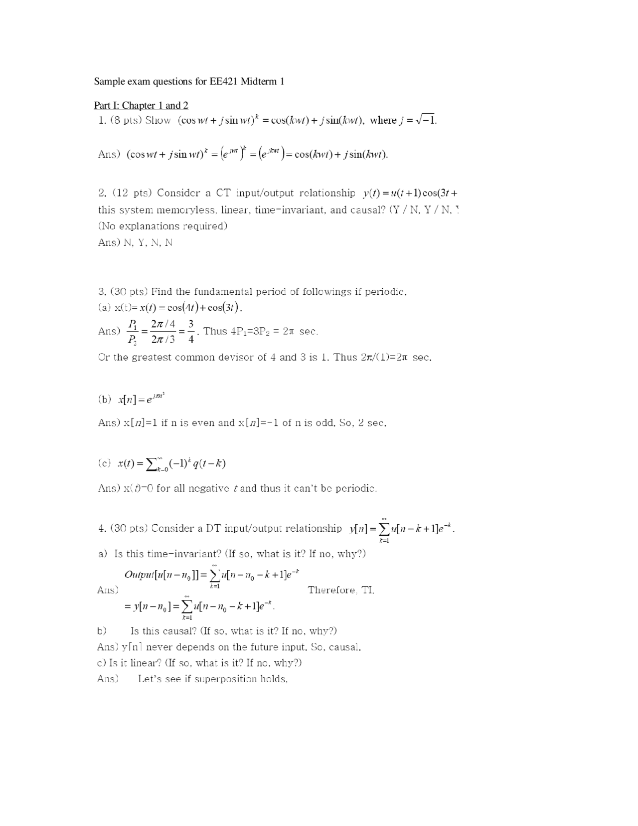 Solved Sample Questions for Midterm 1 - Signals and Systems | EE 421G ...