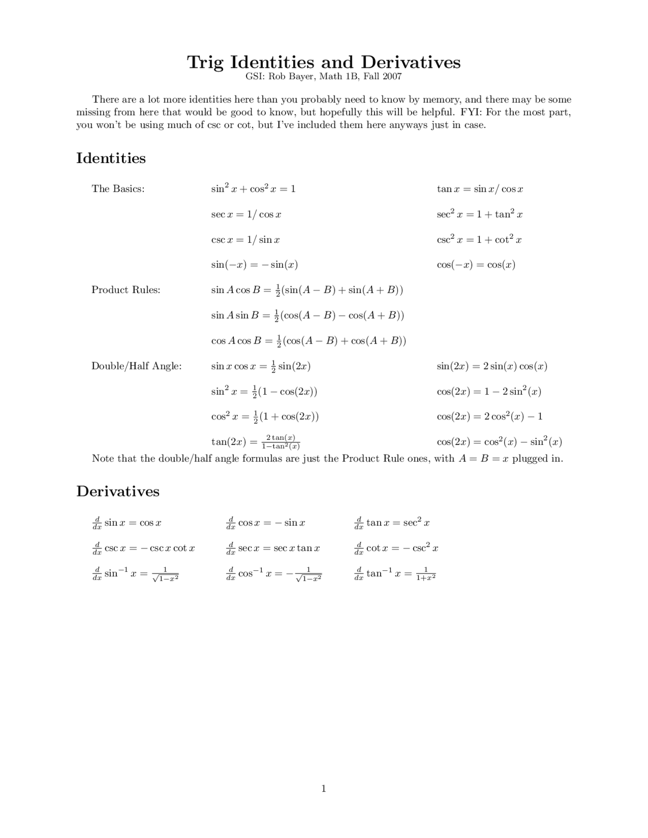 Trig Identities And Derivatives Notes Math 1b Docsity