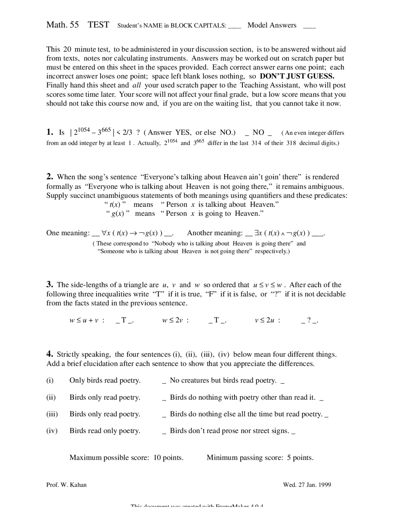 Old Math Tests Discrete Mathematics I - Old Test 1 Questions - Fall 1999 | MATH 055 ...