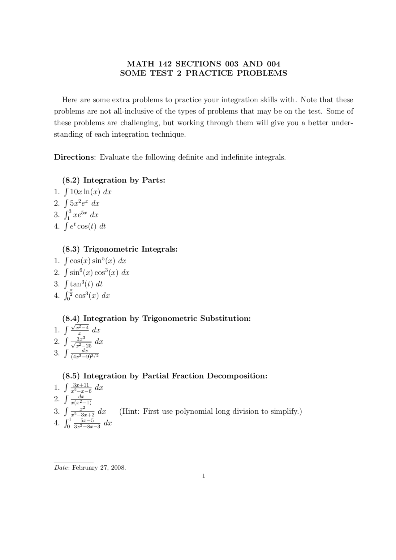 Test 2 Practice Problems - Calculus II | MATH 142 - Docsity
